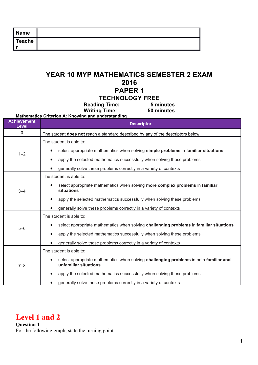 Year 10Myp Mathematics Semester 2 Exam
