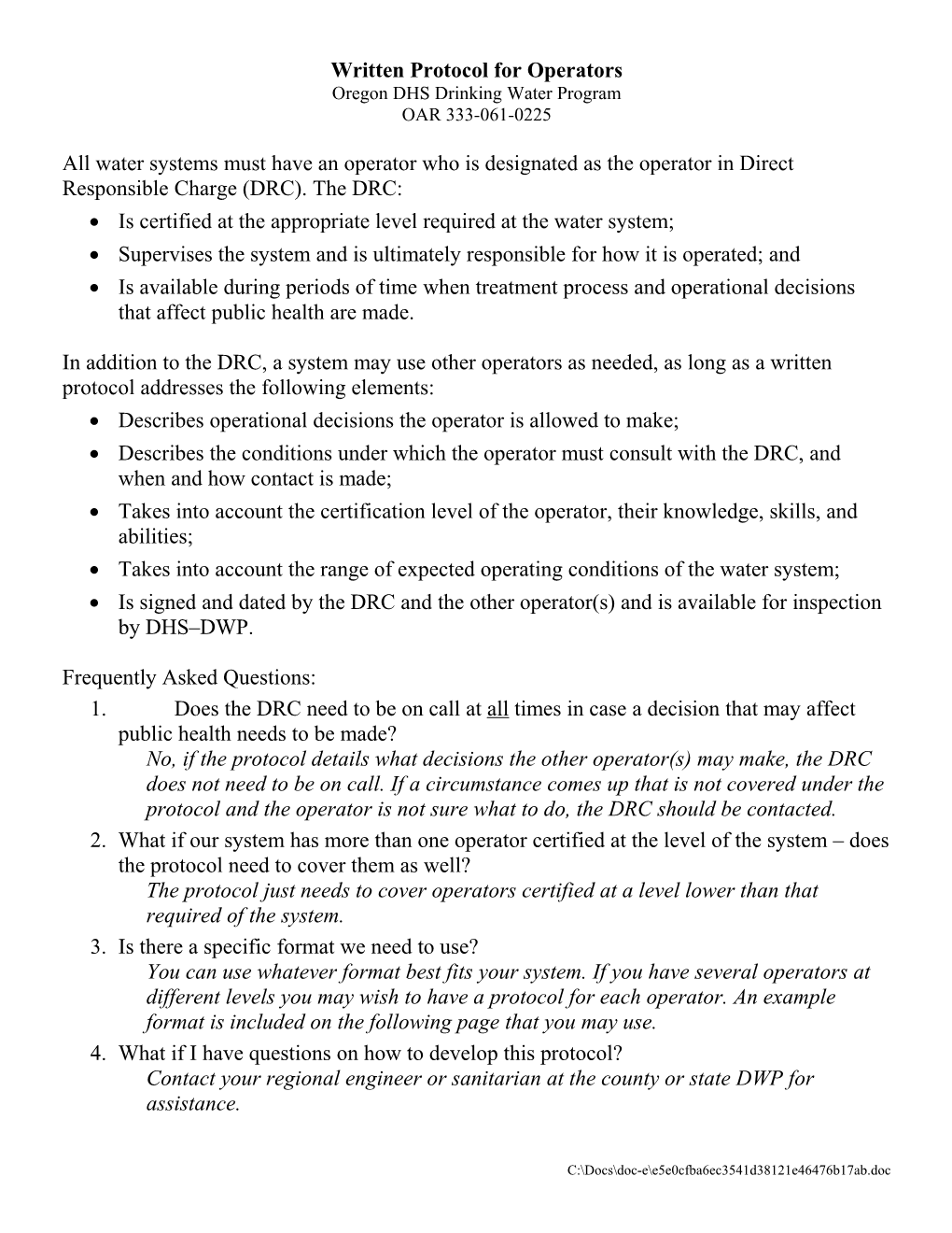 Water System Written Protocol for Operators (Auto Fill)