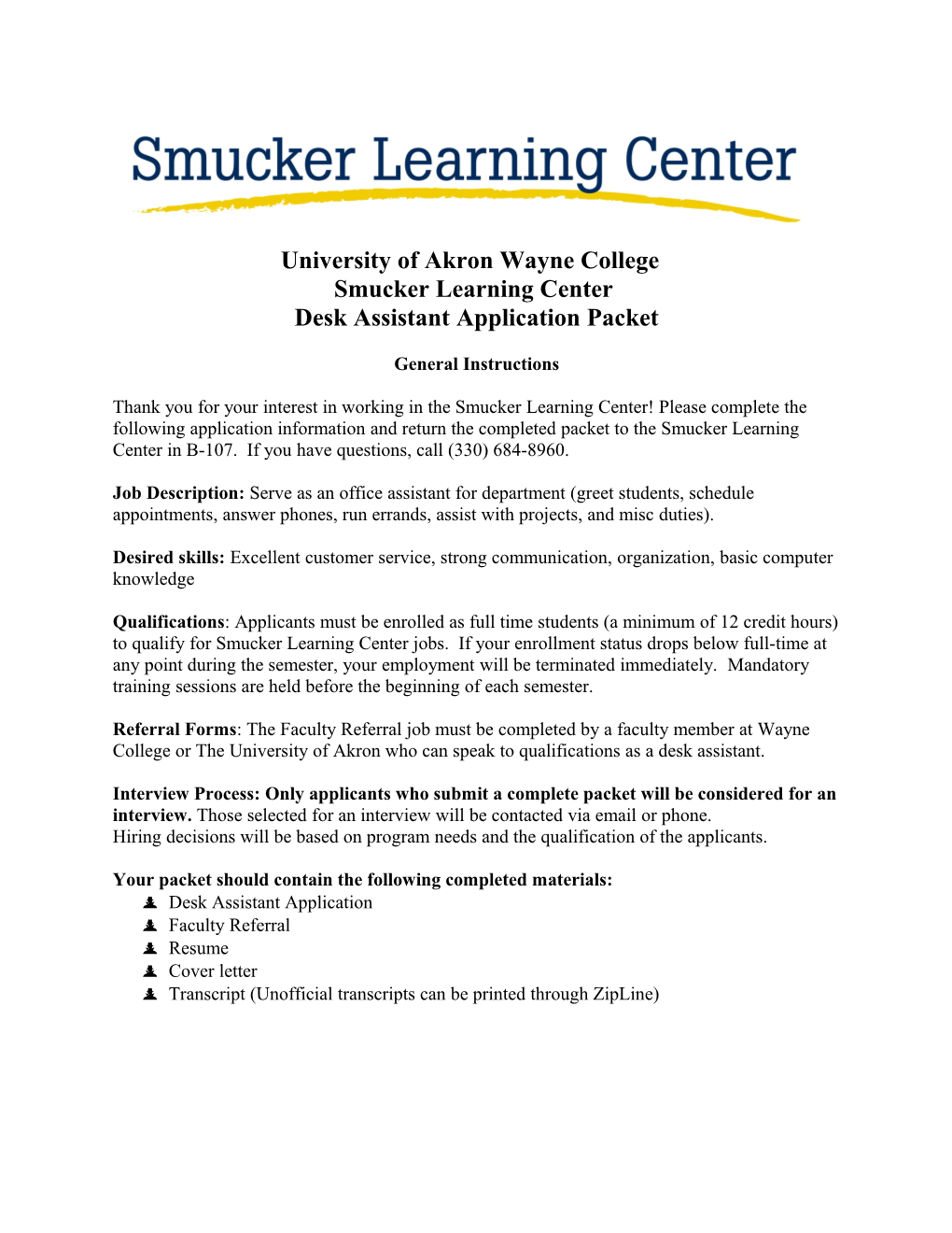 Smucker Learning Center Peer Tutoring Application Packet