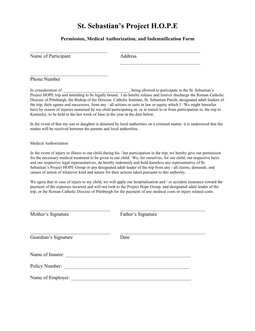 Permission, Medical Authorization, and Indemnification Form