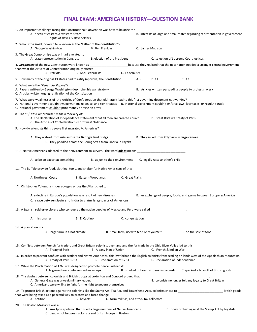 Final Exam: American History Question Bank