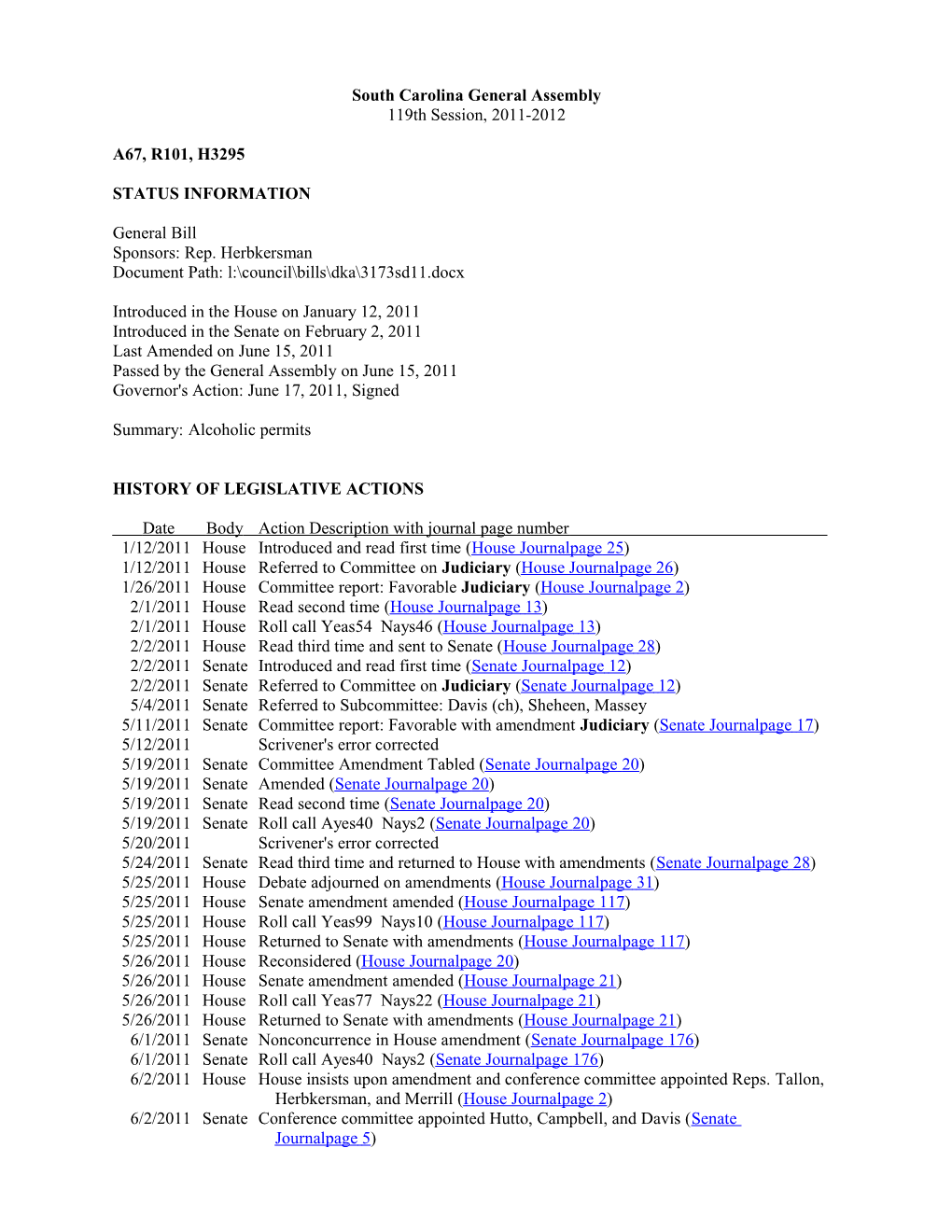 2011-2012 Bill 3295: Alcoholic Permits - South Carolina Legislature Online