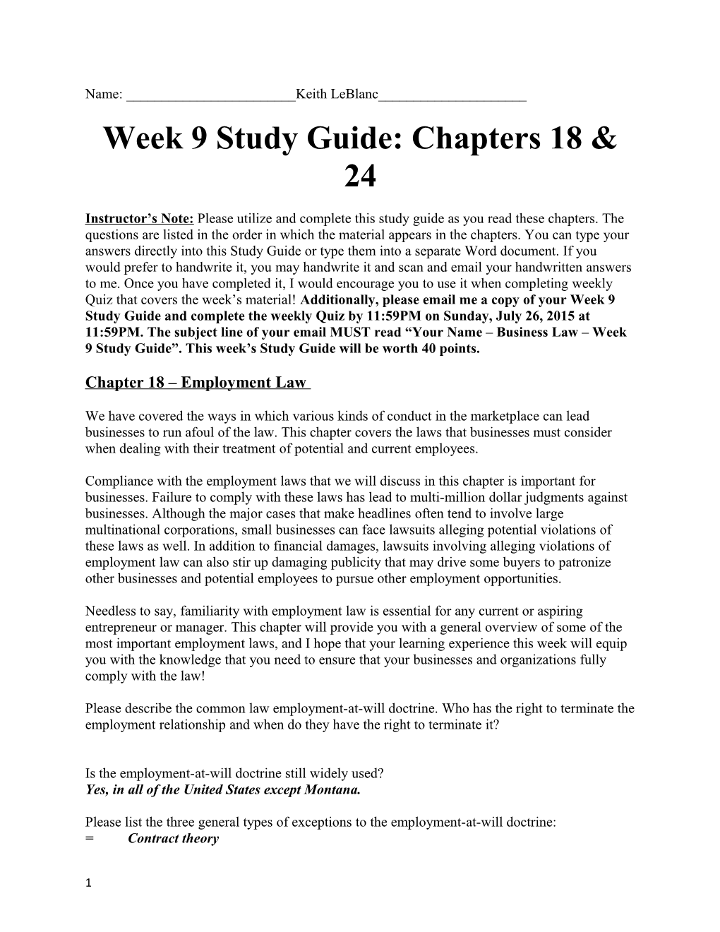 Week 9Study Guide: Chapters18 & 24