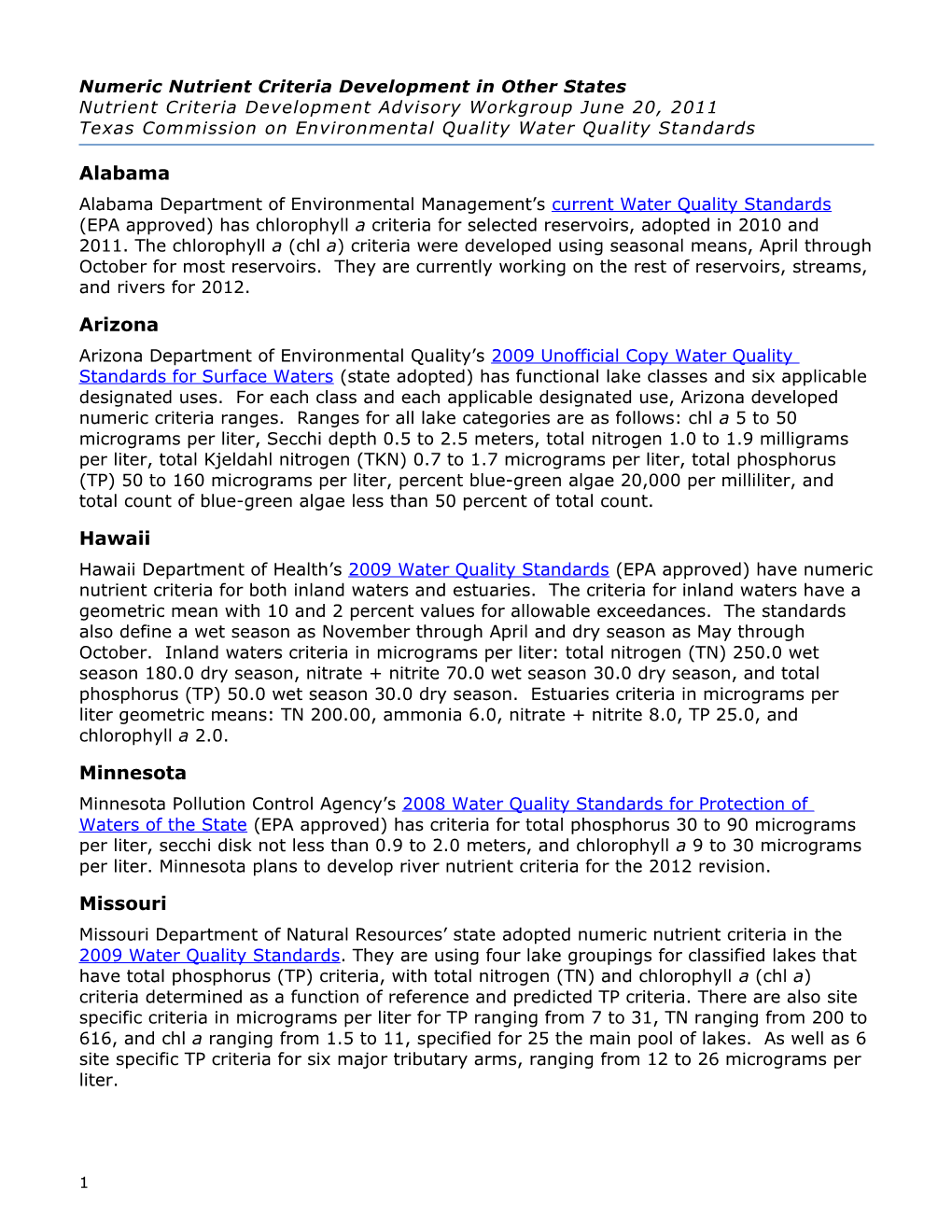 Numeric Nutrient Criteria Development in Other States Nutrient Criteria Development Advisory