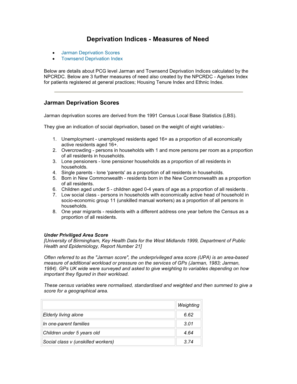 Deprivation Indices - Measures of Need