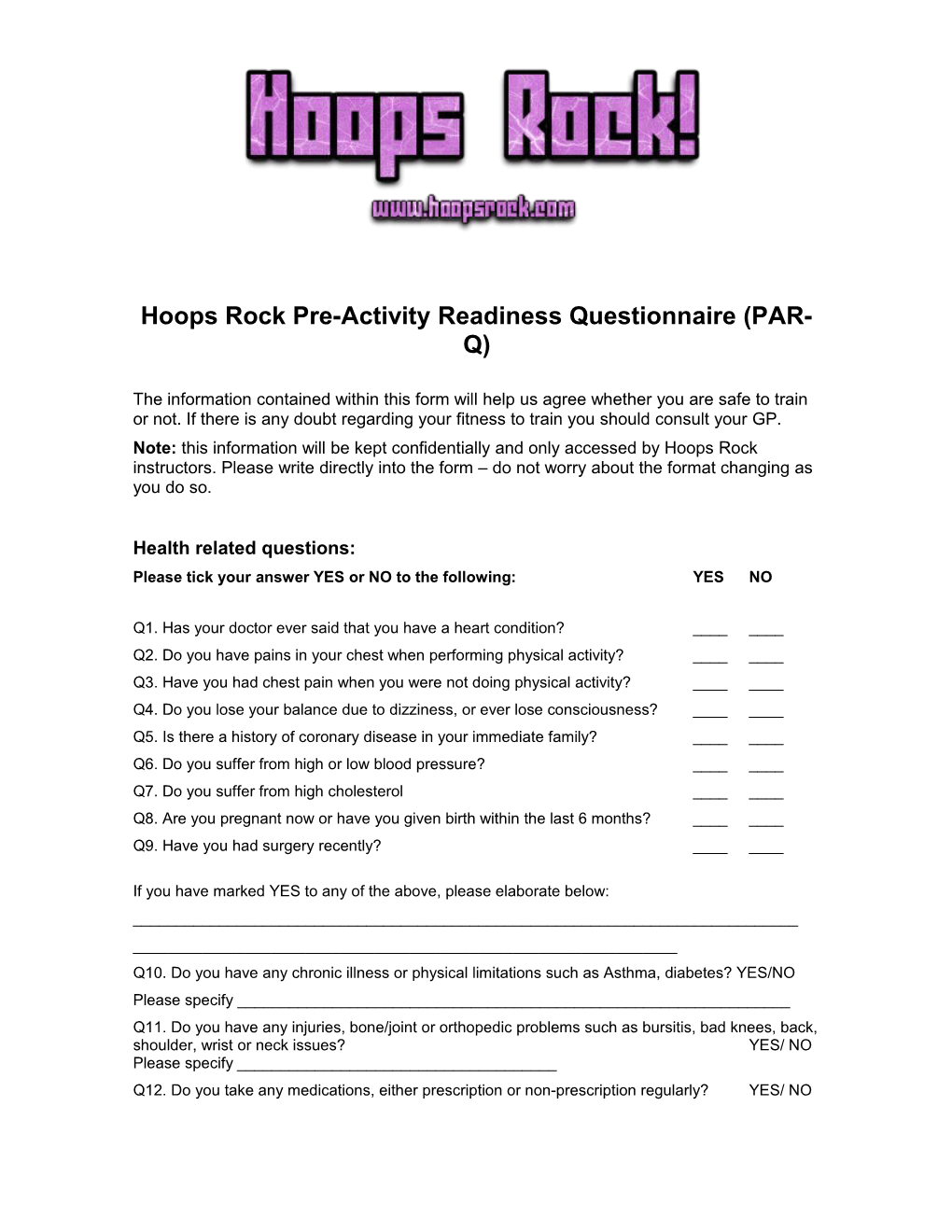 Hoops Rock Pre-Activity Readiness Questionnaire (PAR-Q)
