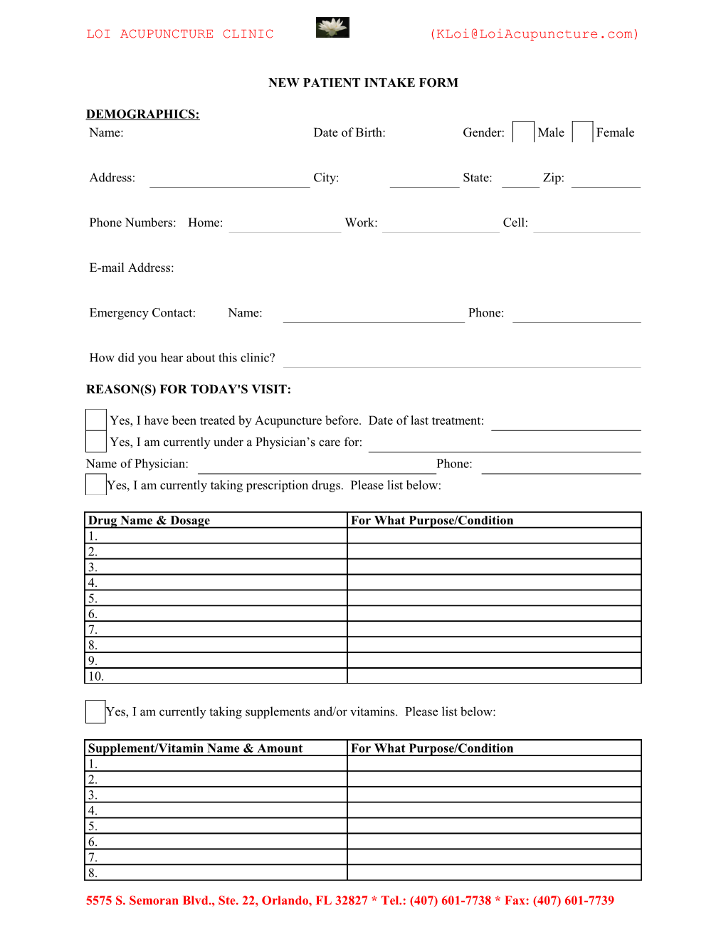 Acupuncture New Patient Intake Form