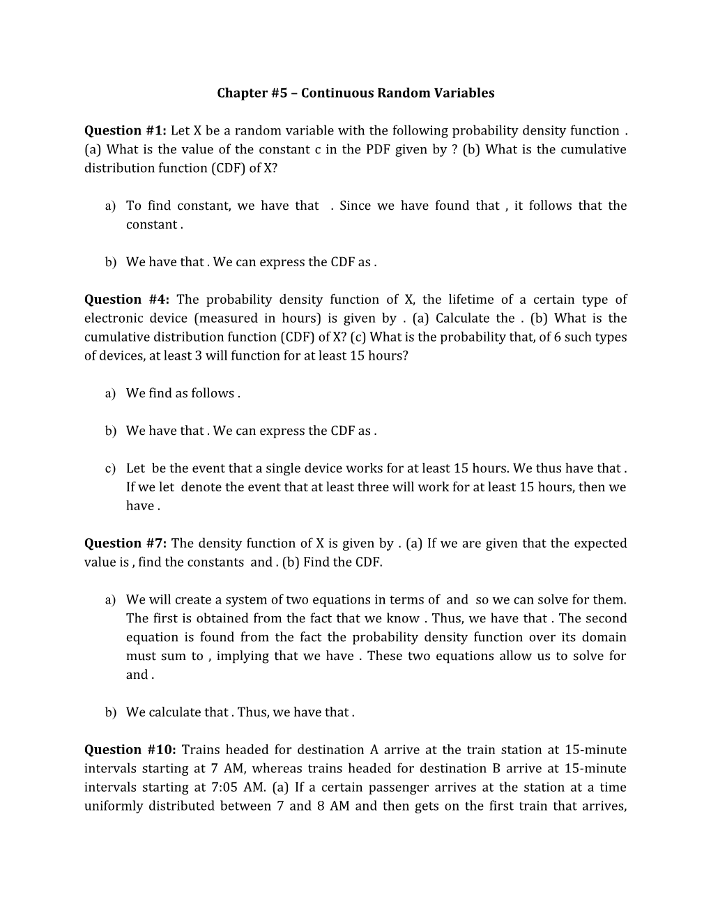 Chapter #5 Continuous Random Variables