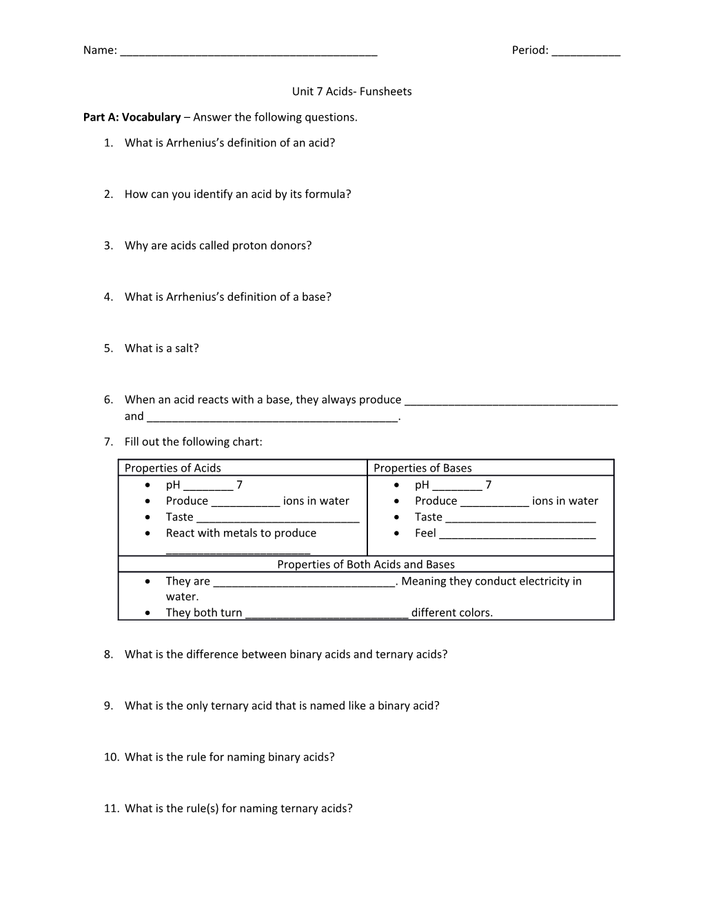 Part A: Vocabulary Answer the Following Questions