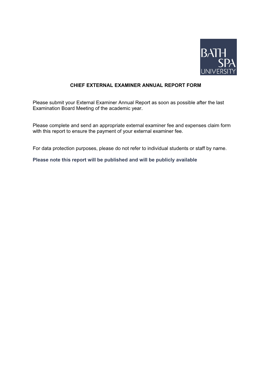 Chief External Examiner Annual Report Form