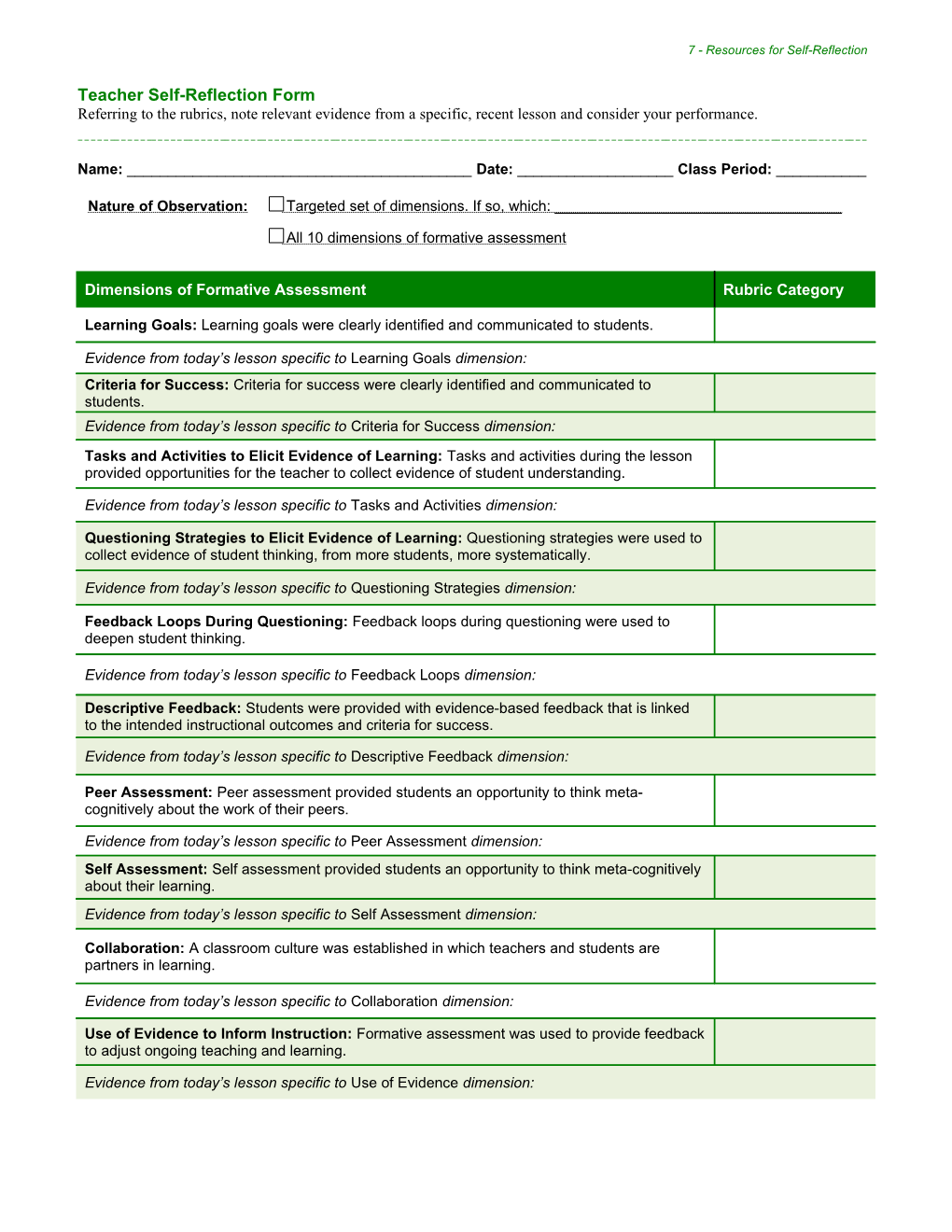 Teacher Self-Reflection Form