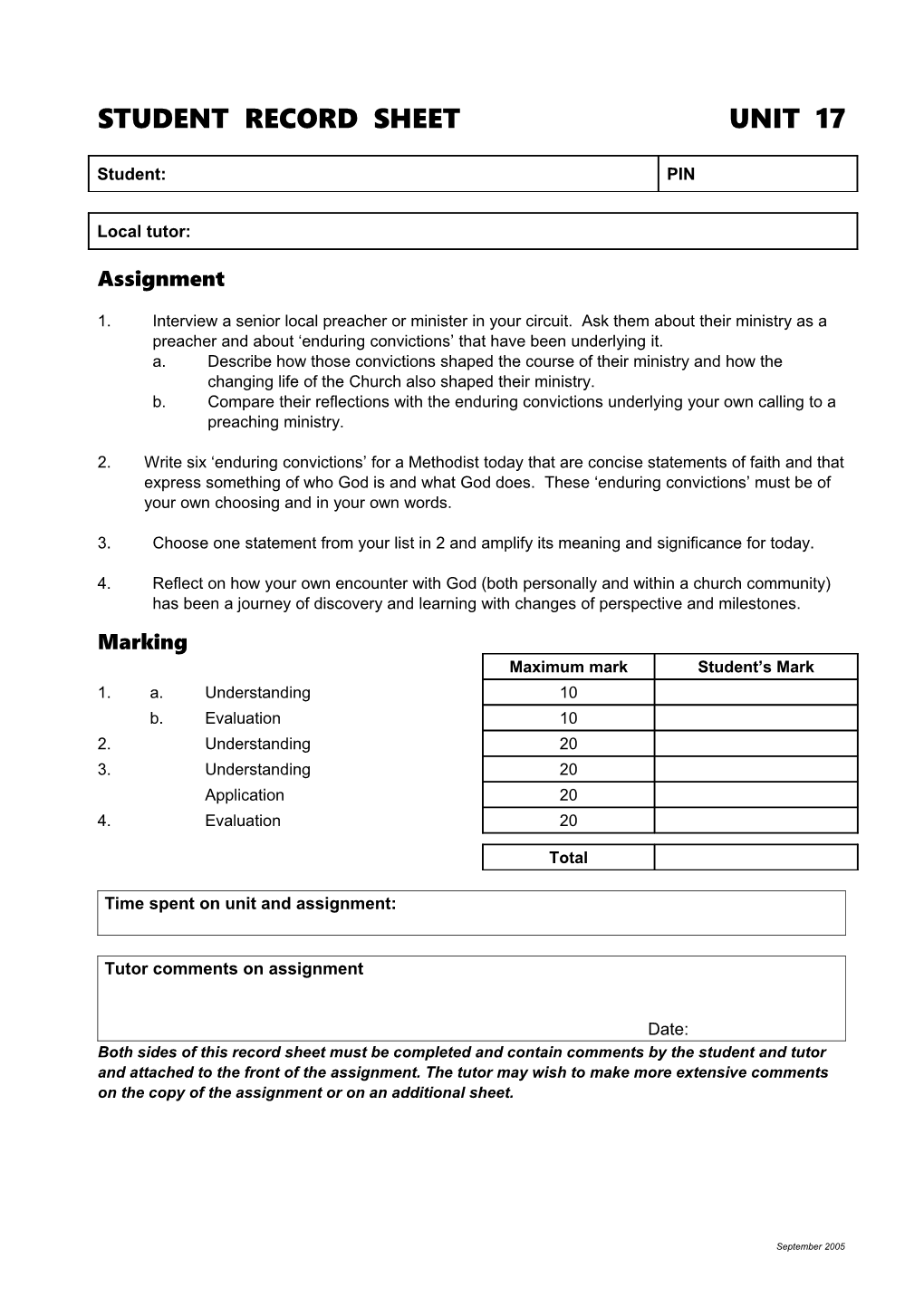 Student Record Sheet Unit 17