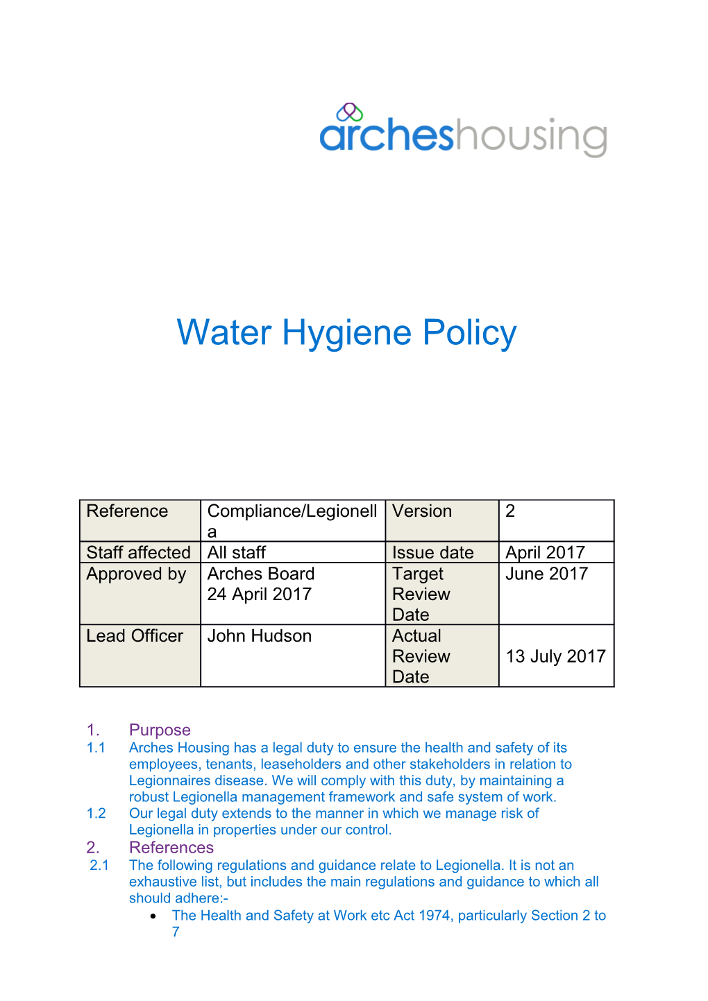 Water Hygiene Policy