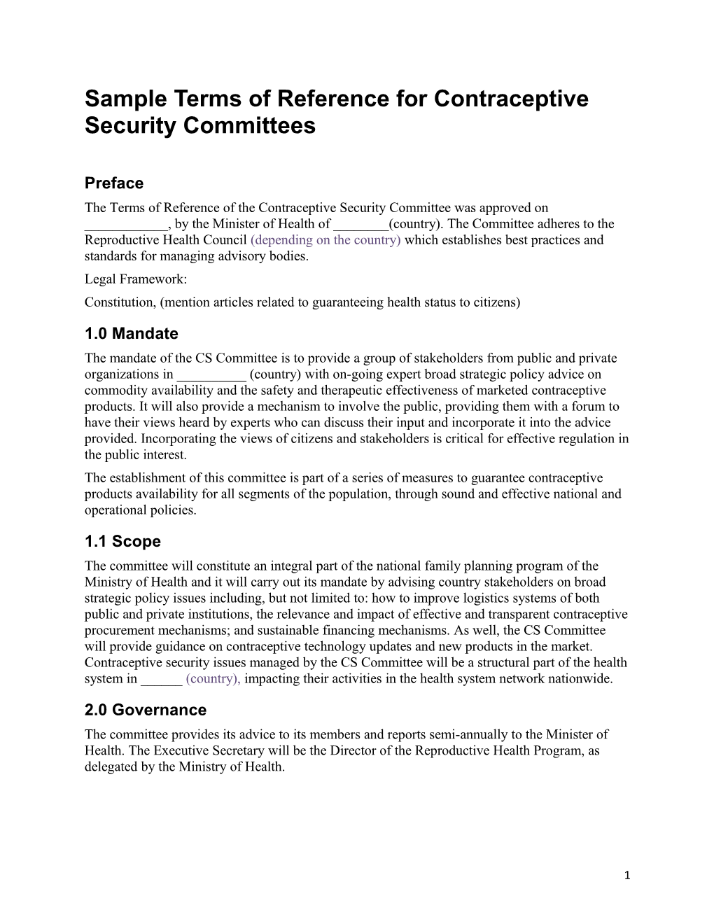 Terms of Reference for Contraceptive Security Committees