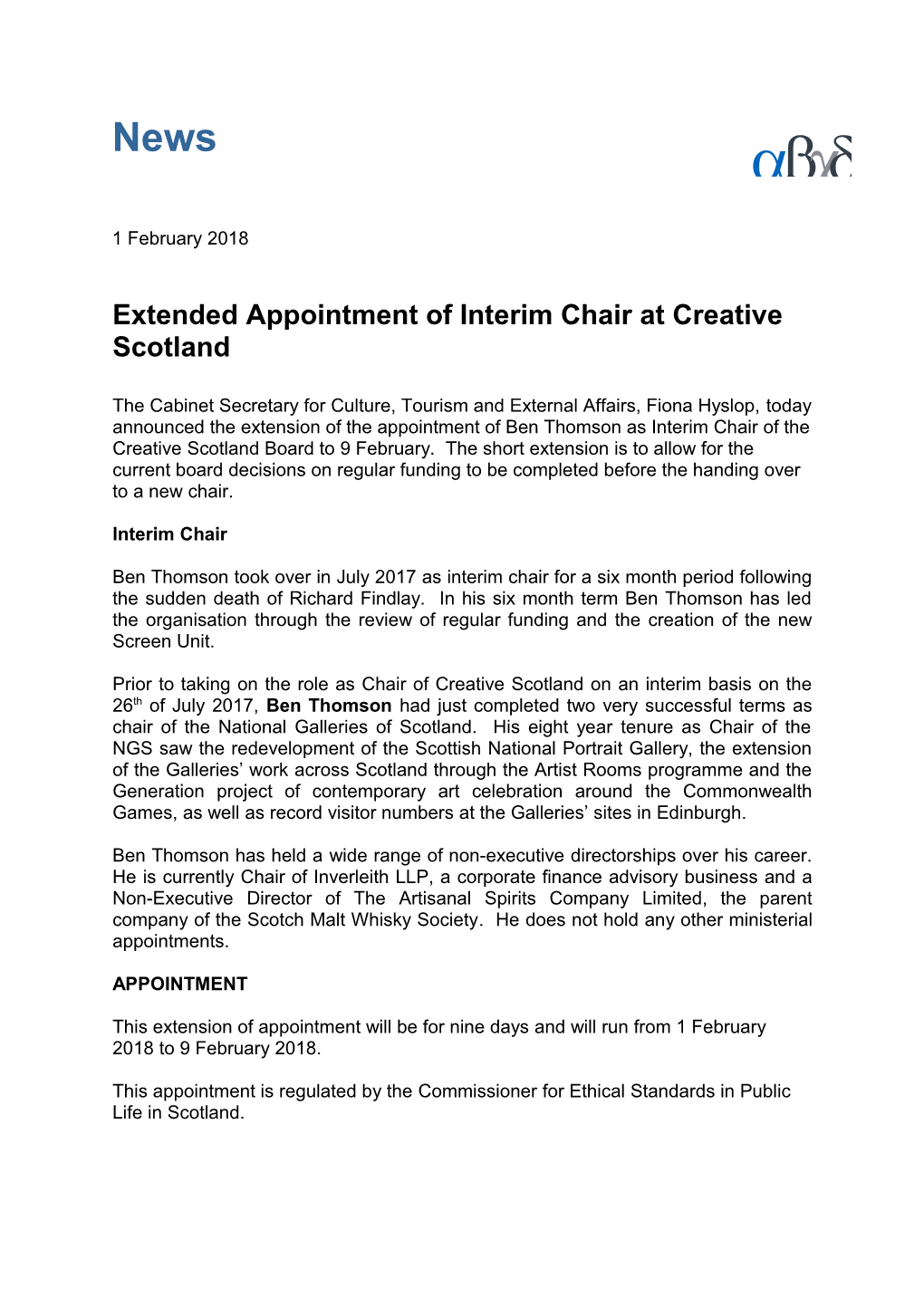 Extended Appointment of Interim Chair at Creative Scotland