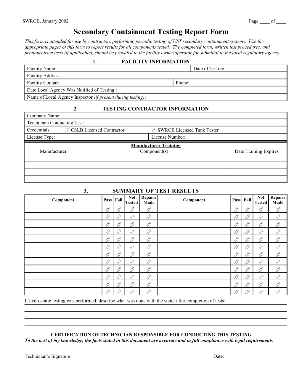 Secondary Containment Testing Report Form