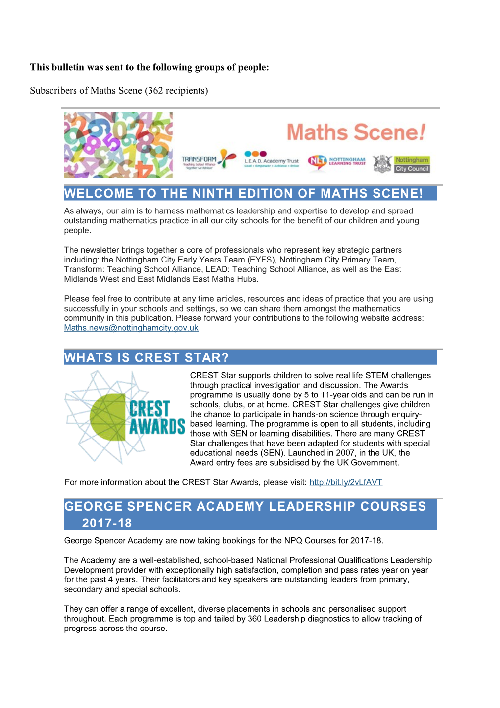 Welcome to the Ninth Edition of Maths Scene!
