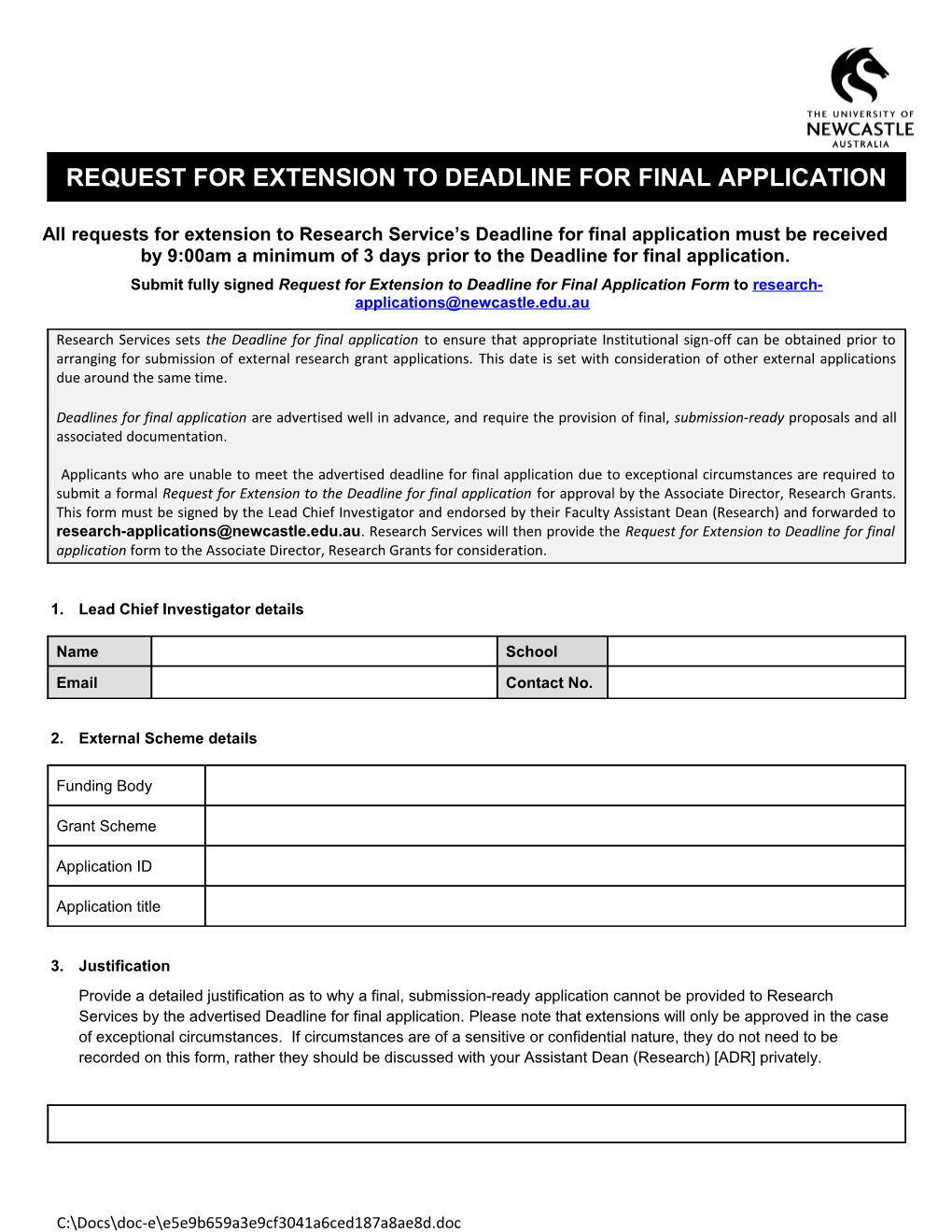 Request for Extension to UON Deadline for Final Application