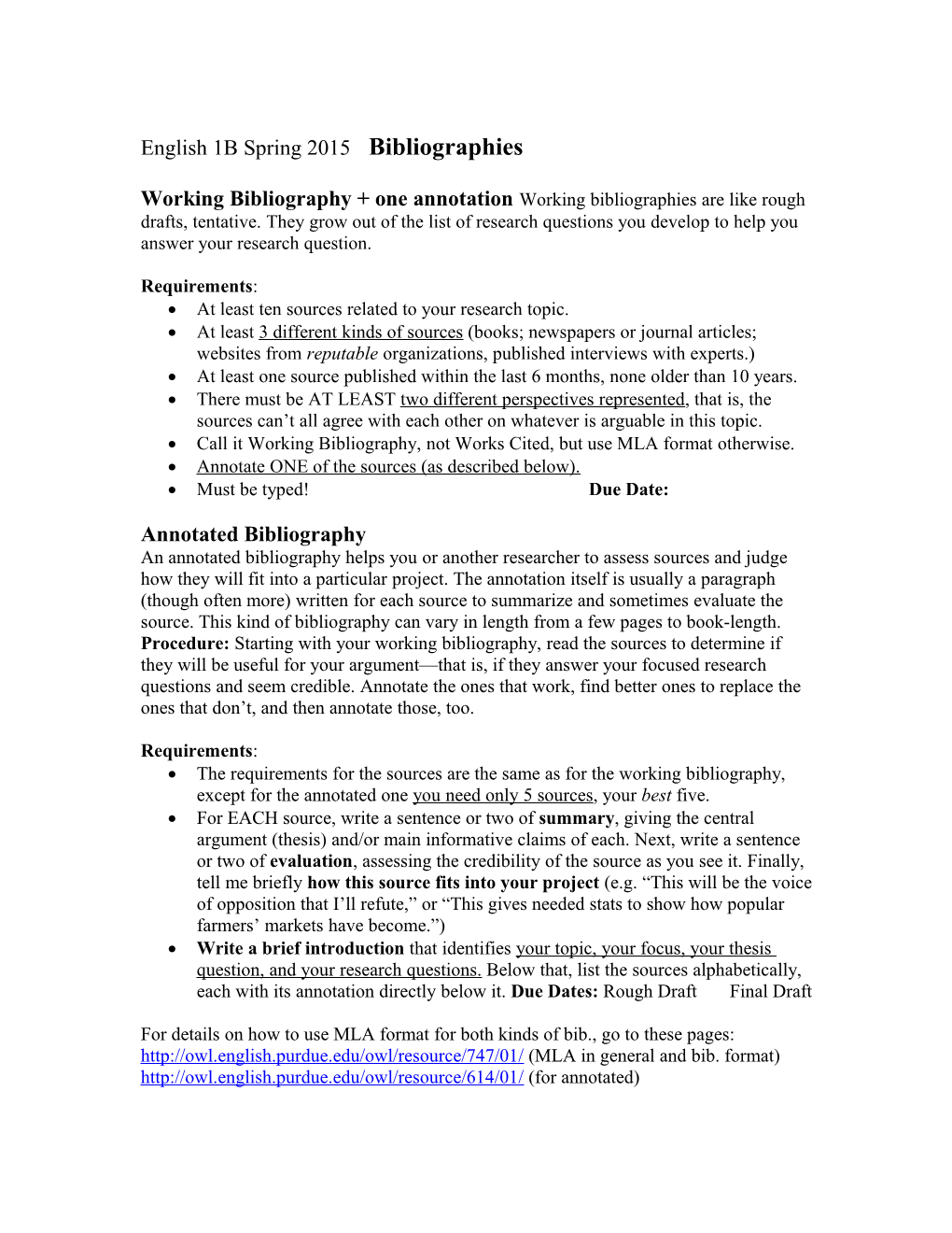 English 1B Spring 2015 Bibliographies