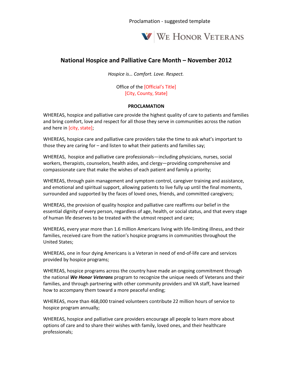 Sample Hospice/Palliative Care Month Proclamation/Resolution
