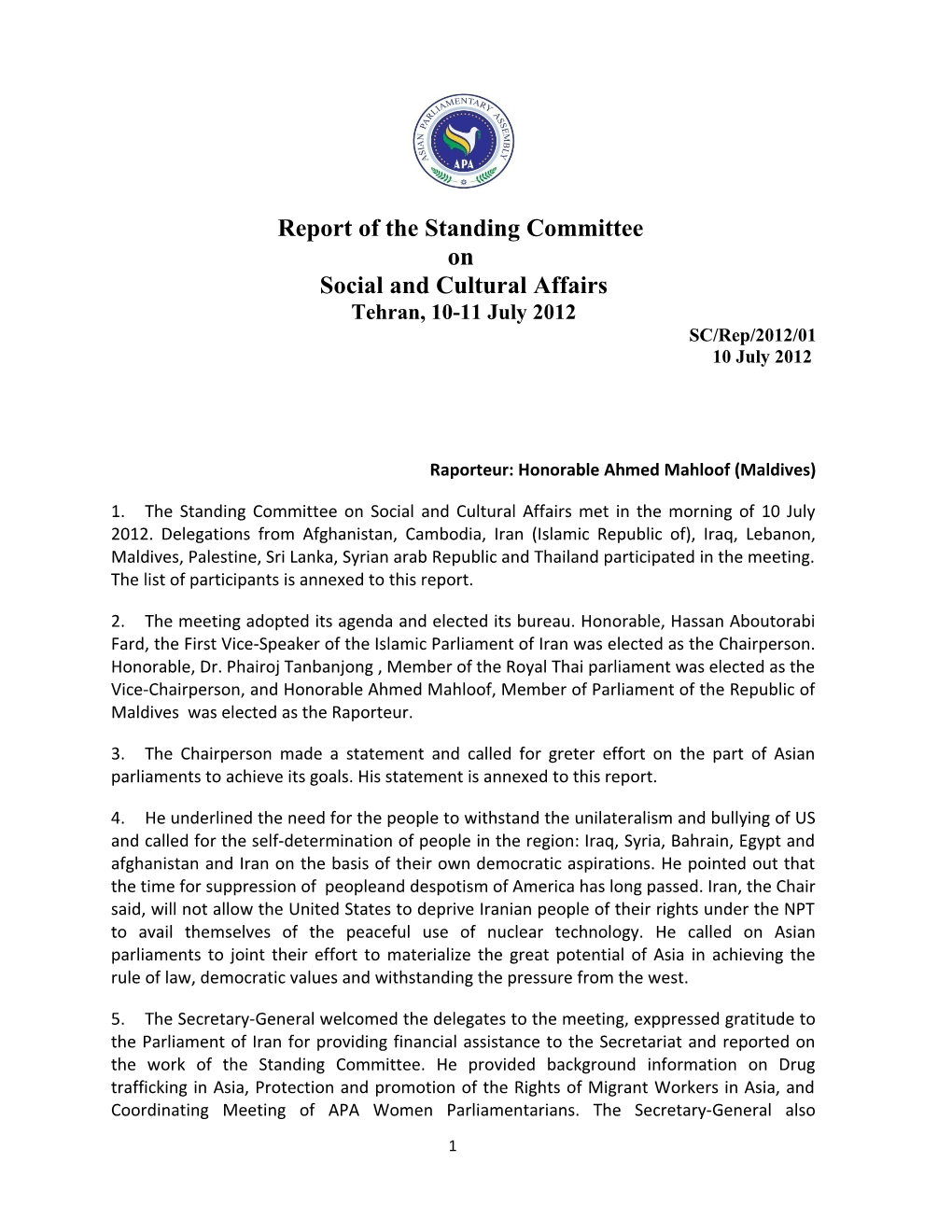 Report of the Standing Committee