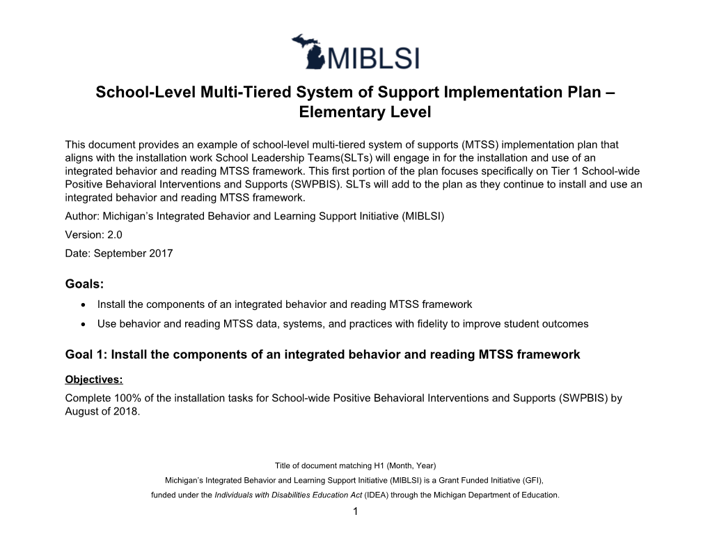School Level MTSS Implementation Plan Elementary