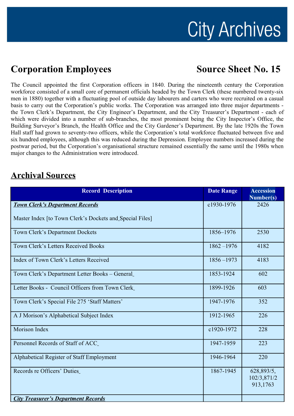 Corporation Employees Source Sheet No. 15