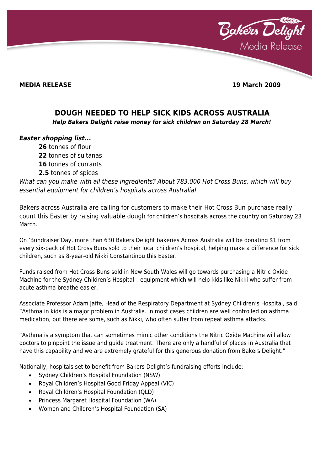 Media Release from Bakers Delight St Marys