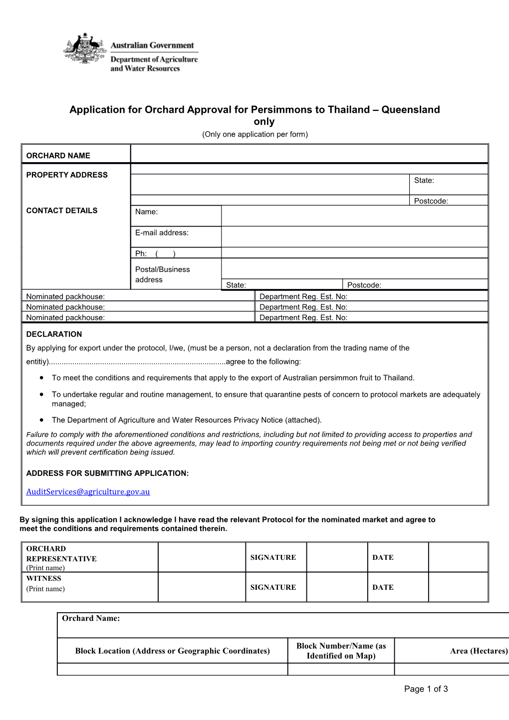 Application for Orchardapprovalforpersimmons Tothailand Queensland Only