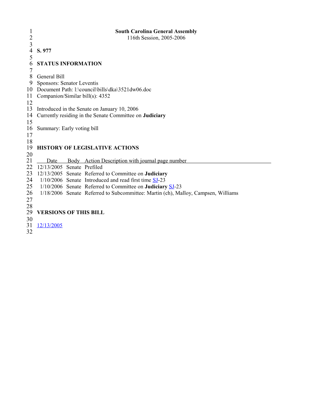 2005-2006 Bill 977: Early Voting Bill - South Carolina Legislature Online