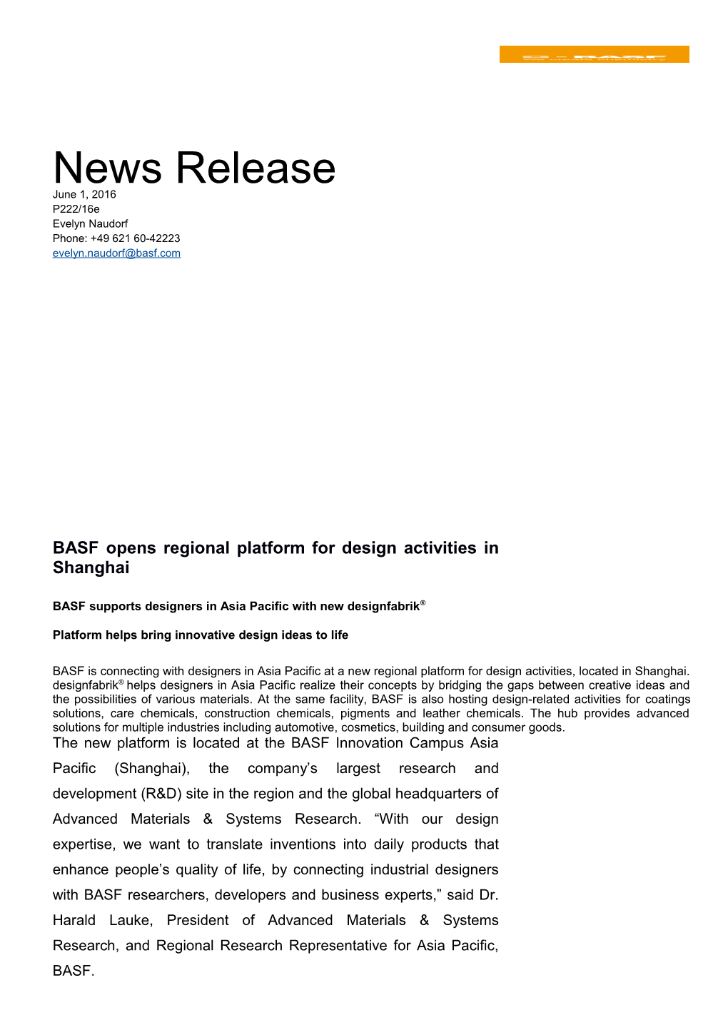 BASF Opens Regional Platform for Design Activities in Shanghai