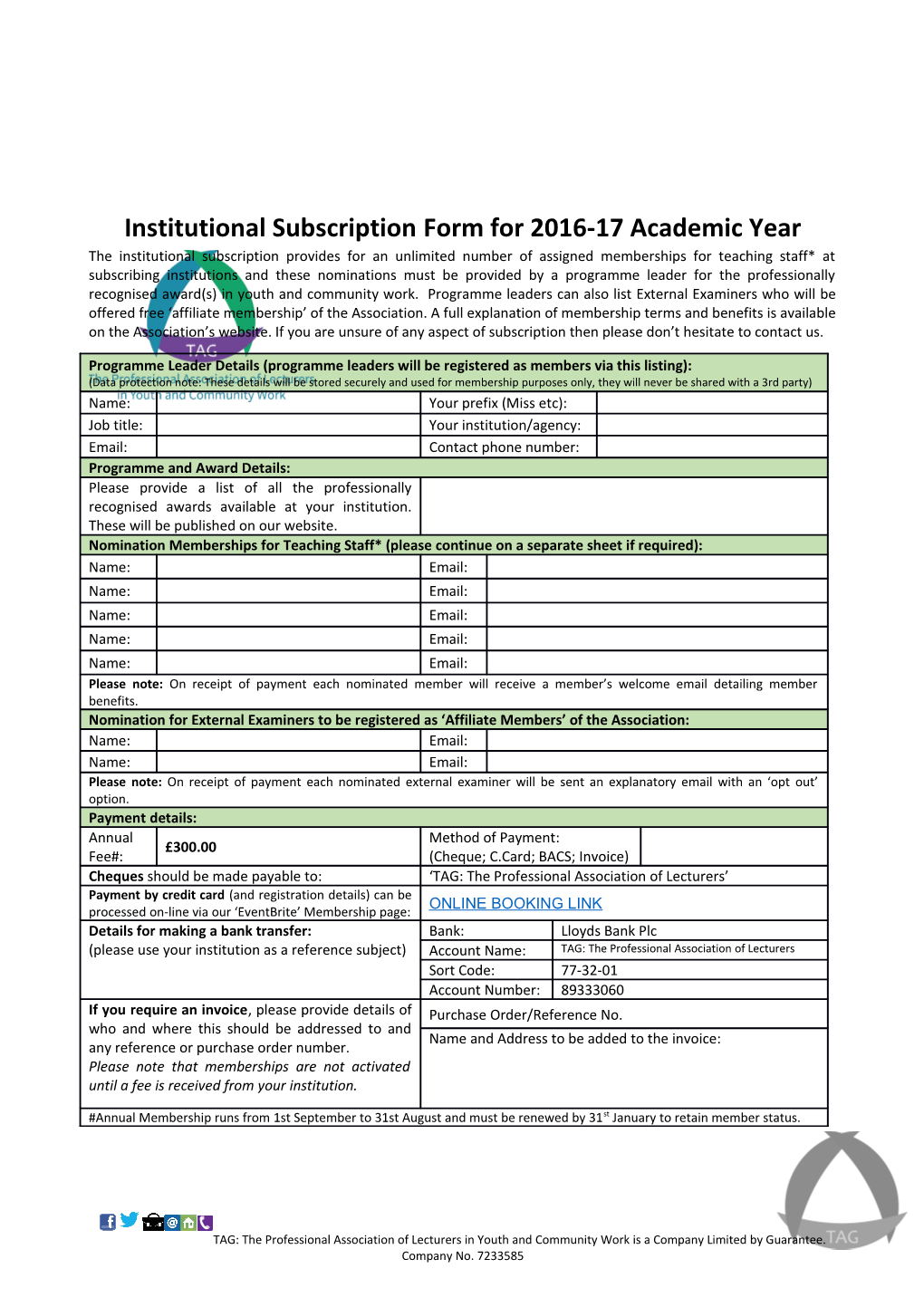 Institutional Subscription Formfor 2016-17 Academic Year