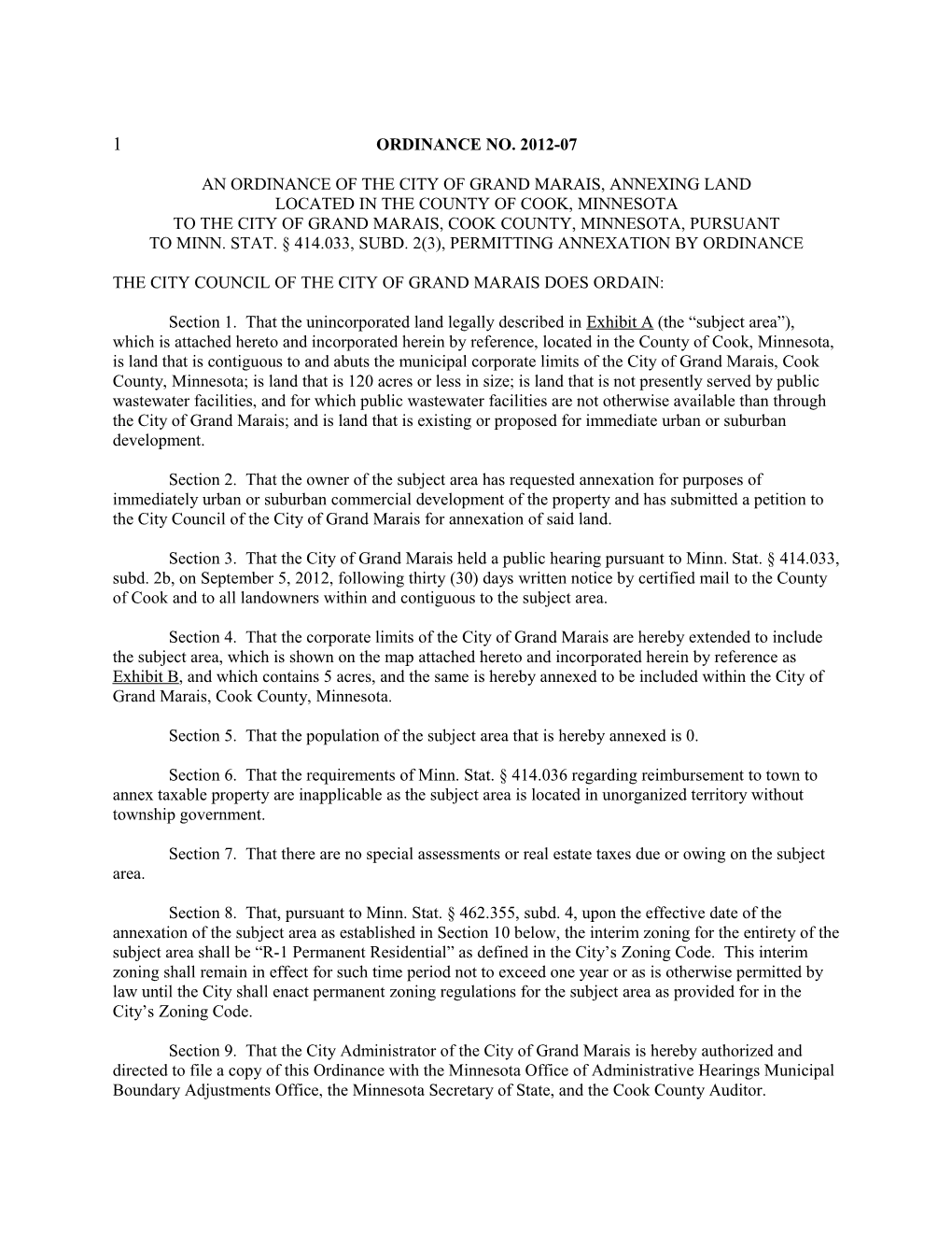 An Ordinance of the City of Grand Marais, Annexing Land