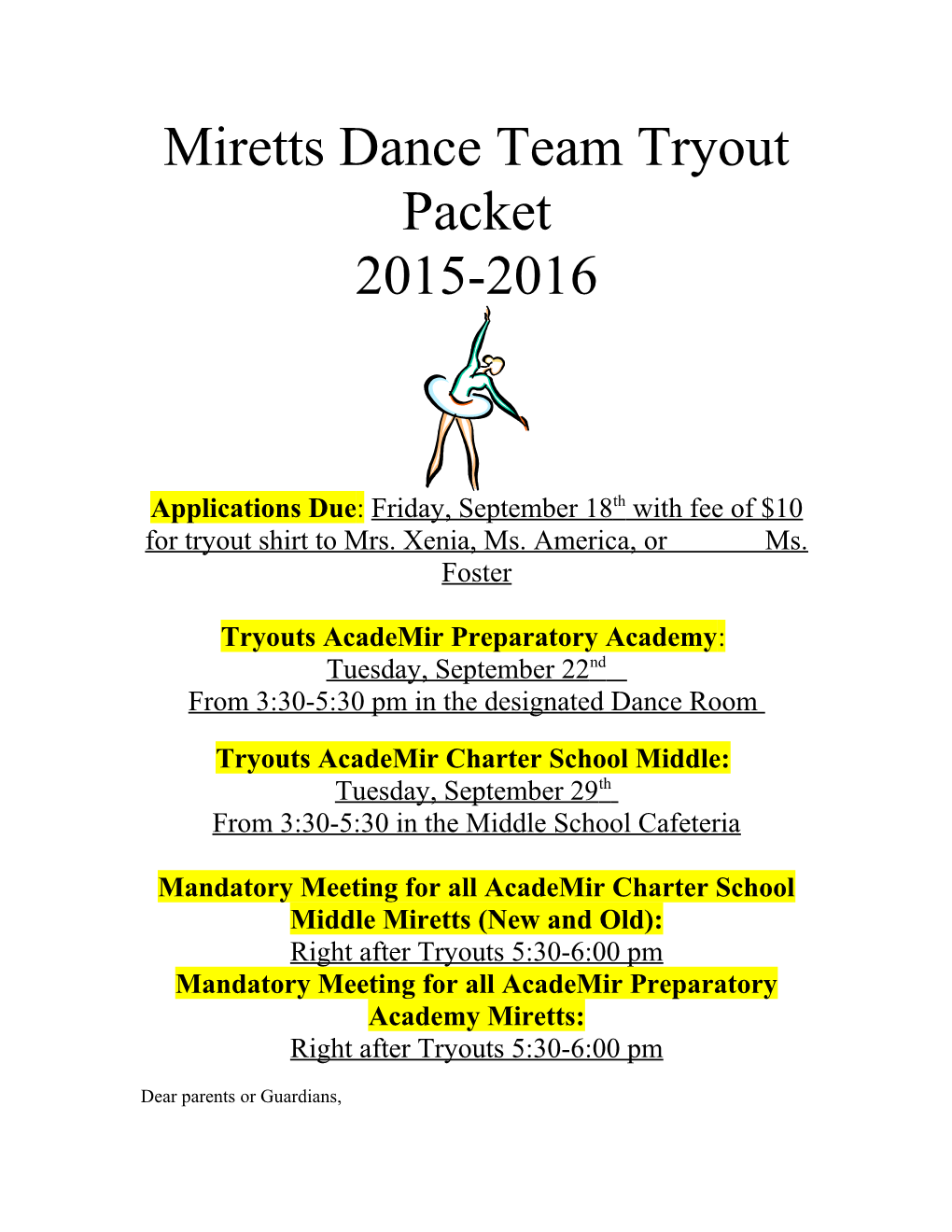 Miretts Dance Team Tryout Packet