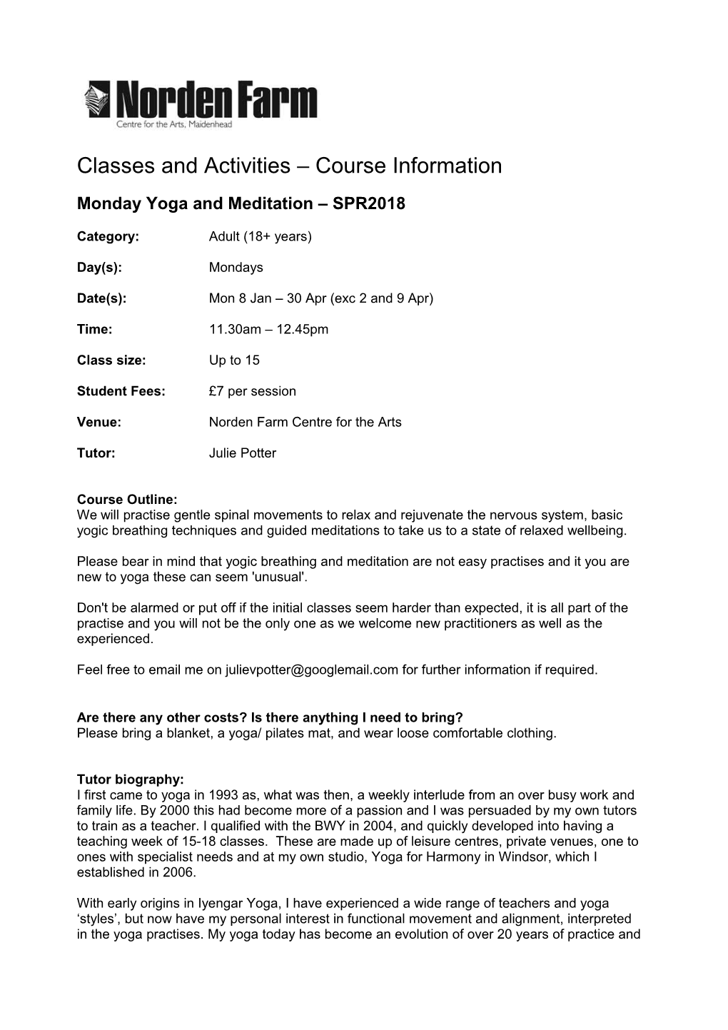 Classes and Activities Course Information