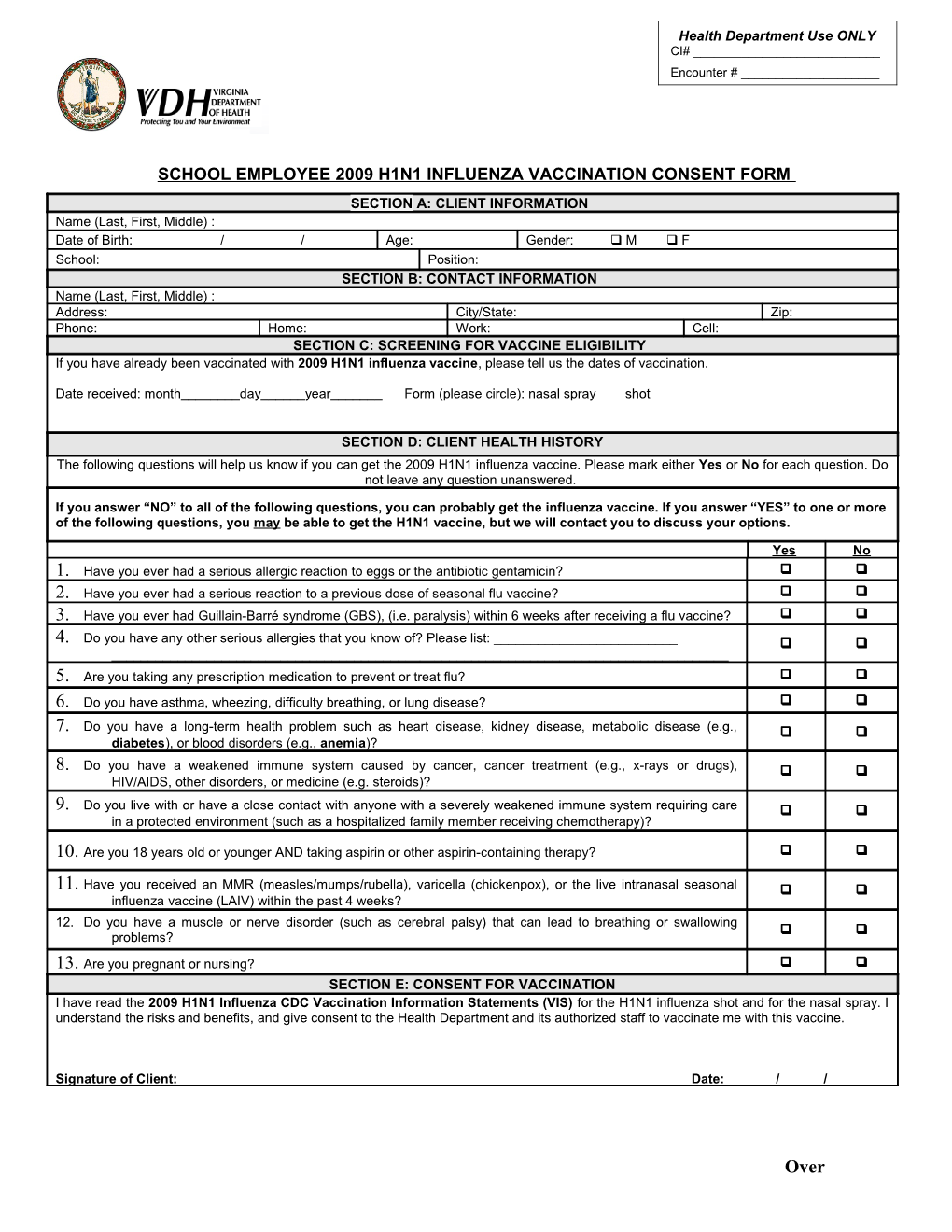 School Employee2009 H1n1influenza Vaccination Consent Form