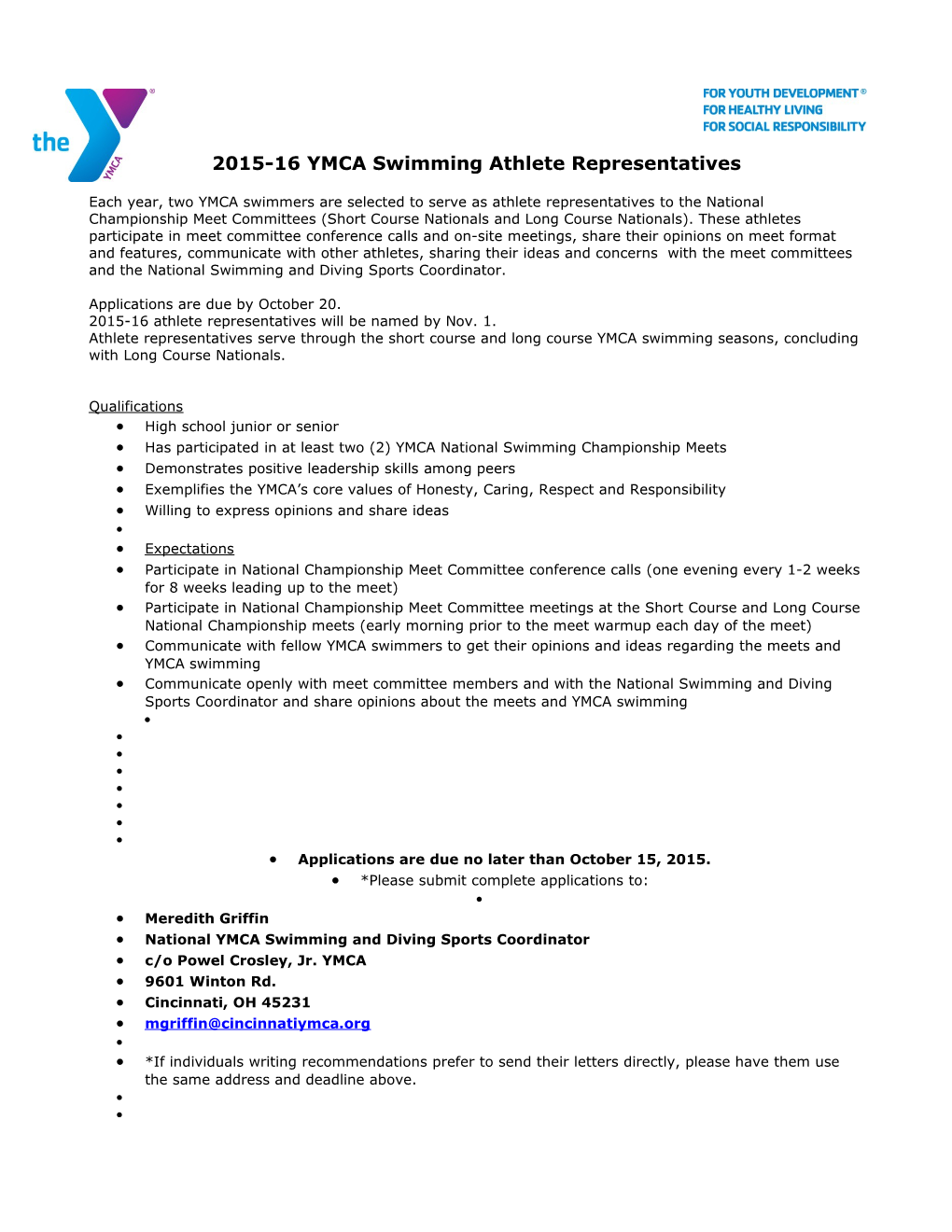 2015-16 YMCA Swimming Athlete Representatives