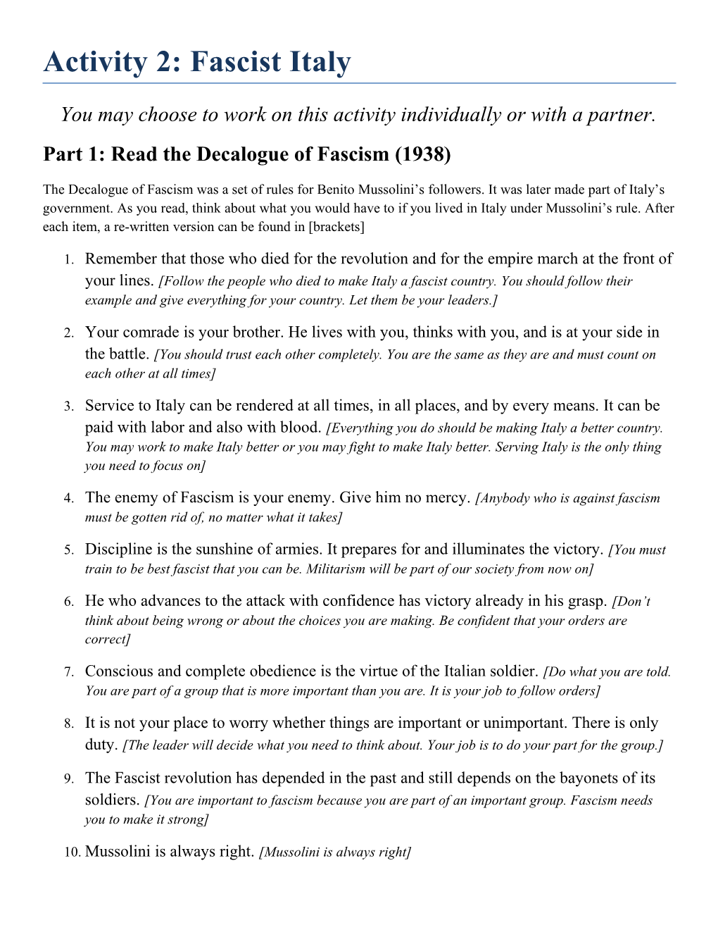 Part 1: Read the Decalogue of Fascism (1938)