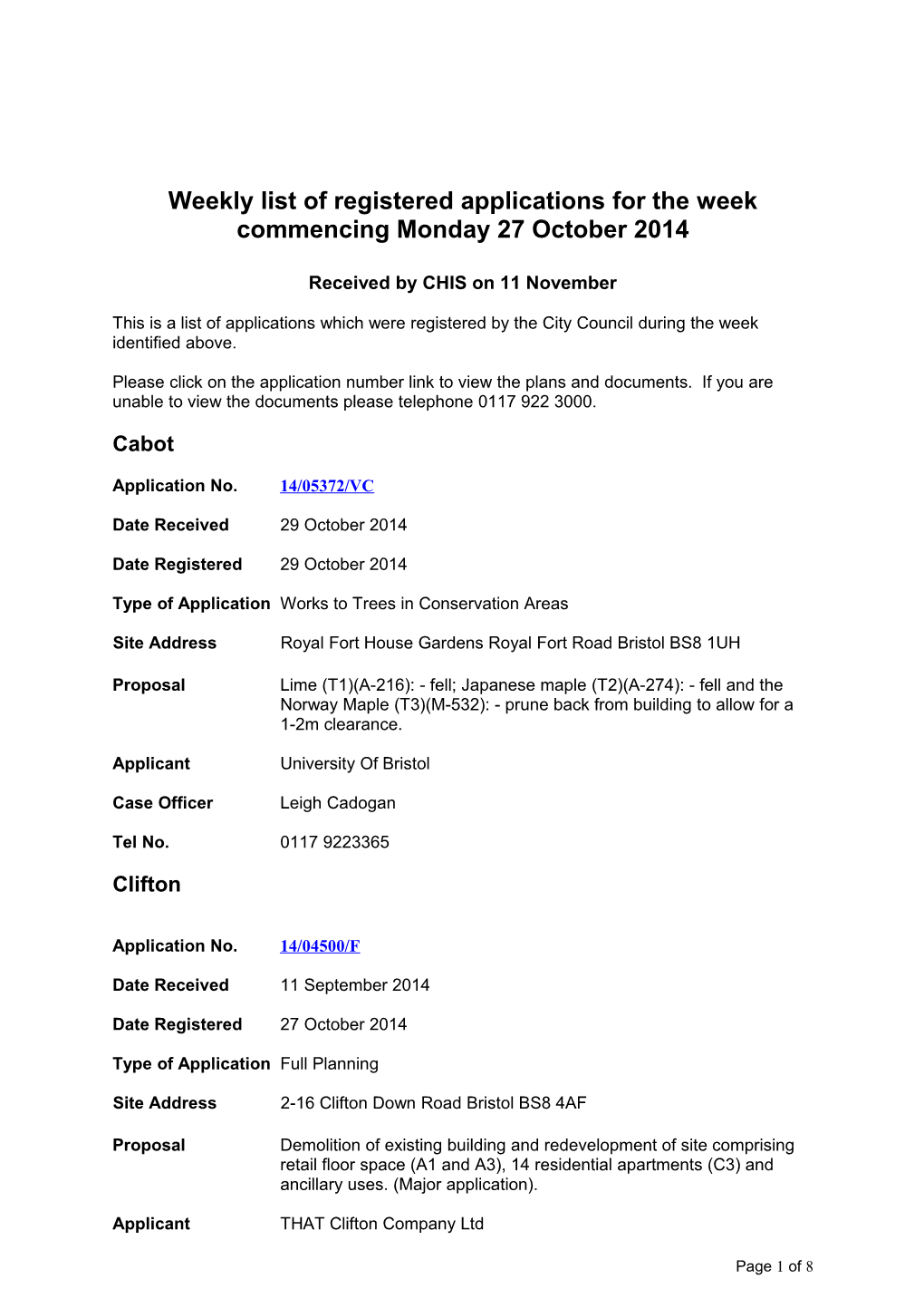 Weekly List of Registered Applications for the Week Commencing Monday 27 October 2014
