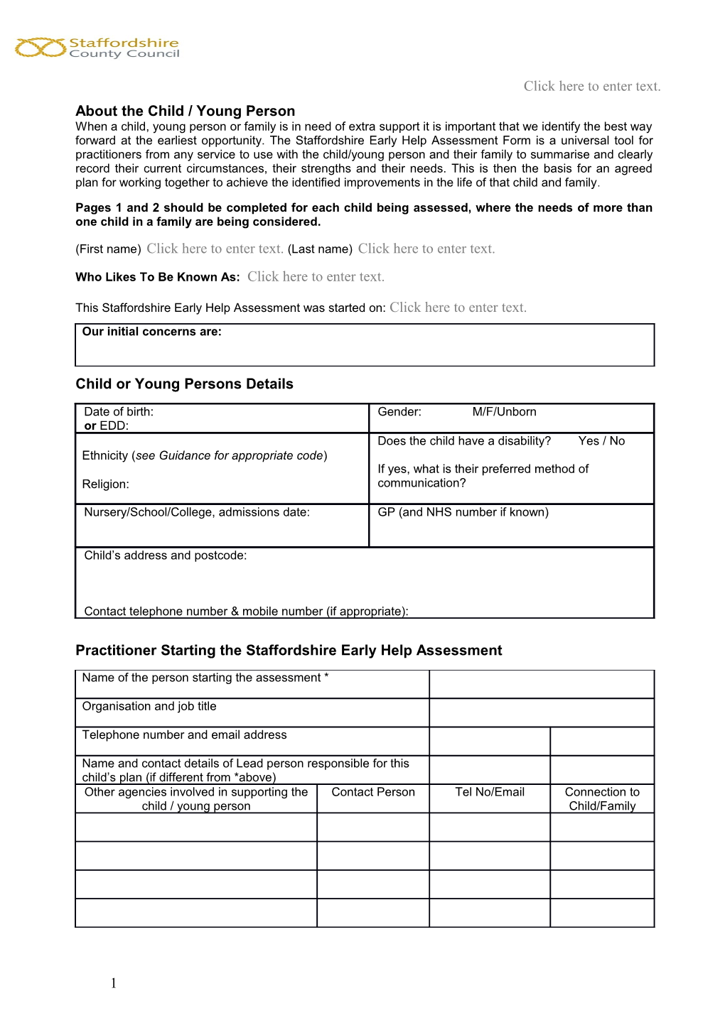 Staffordshire Early Help Assessment Child,Young Person & Family Form