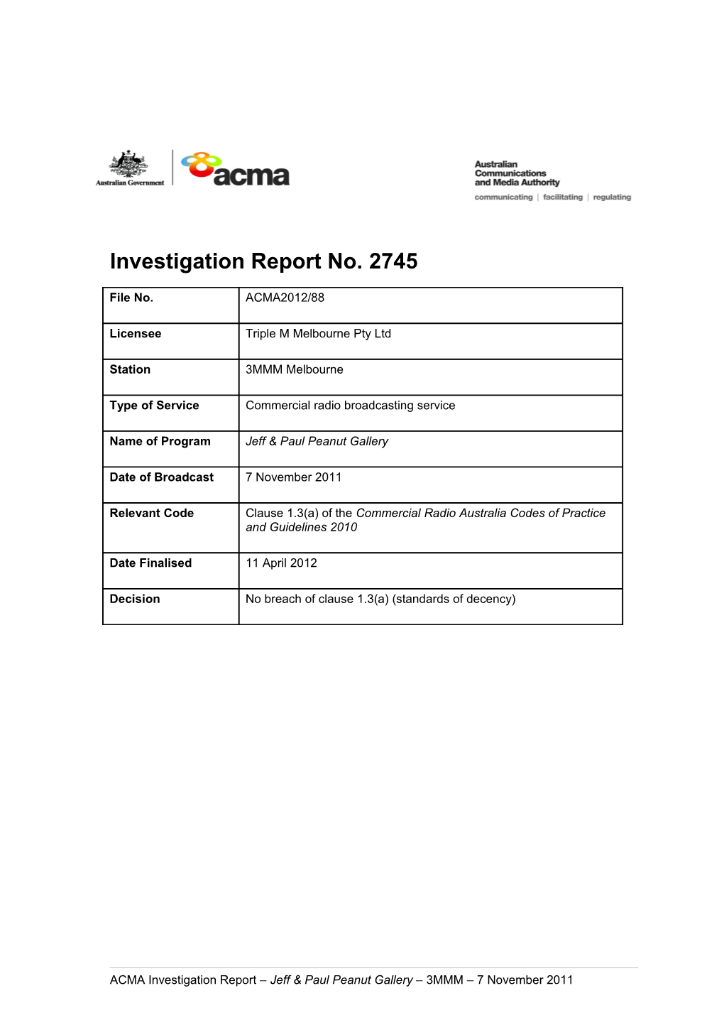 3MMM - ACMA Investigation Report 2745