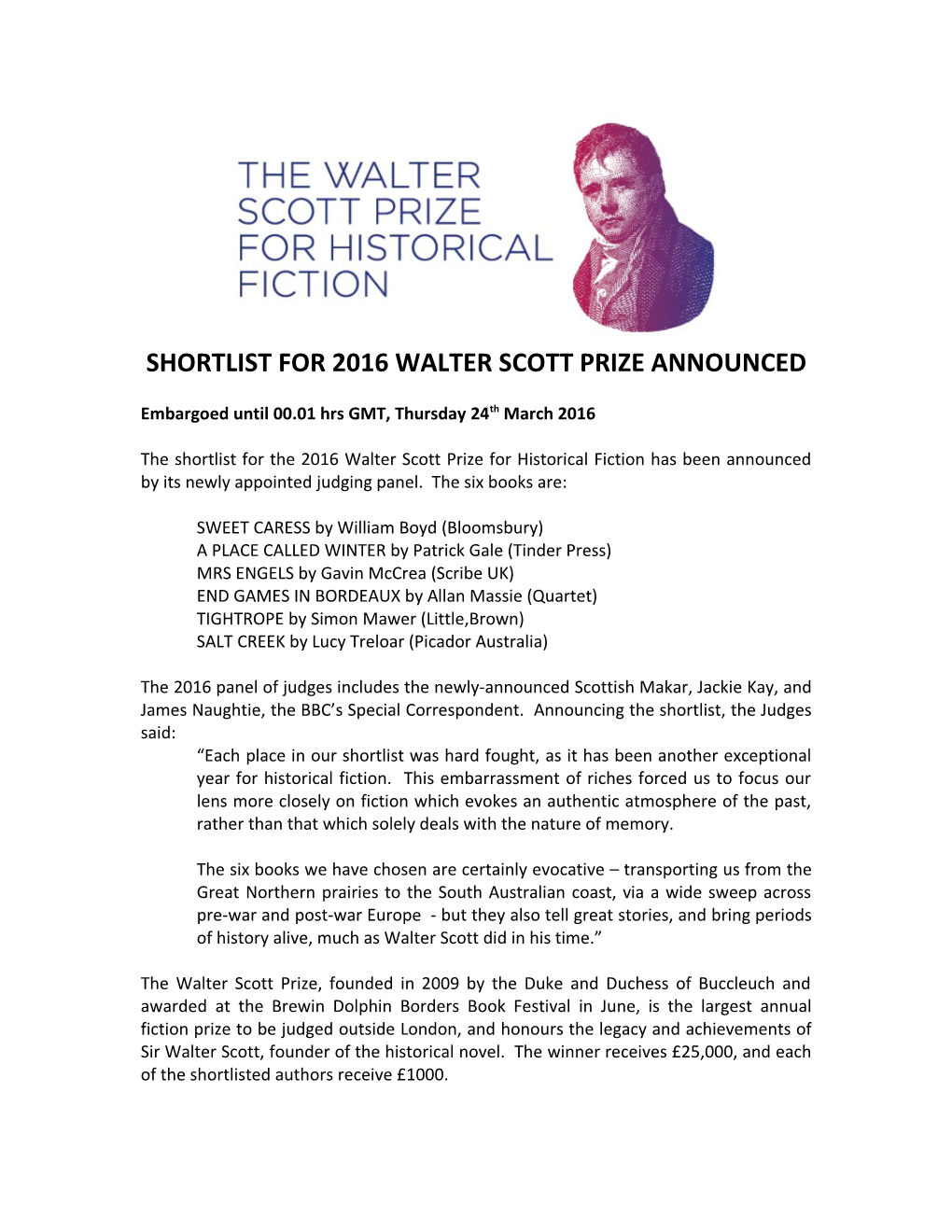 Shortlist for Inaugural Walter Scott Prize