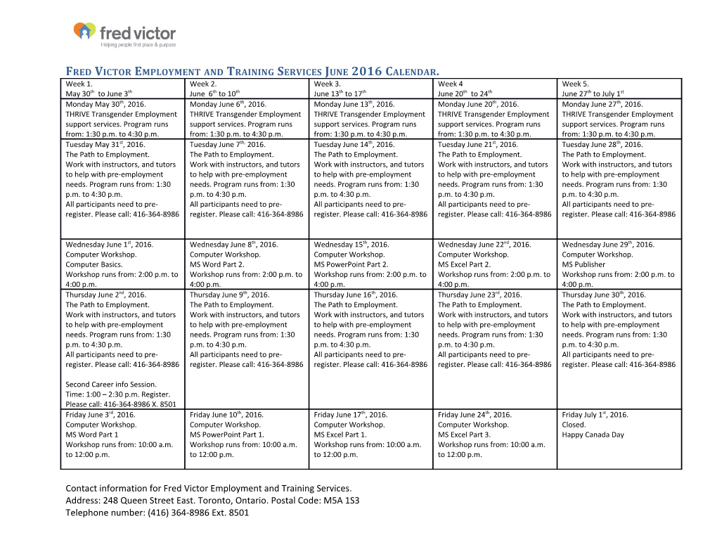 Fred Victor Employment and Training Services June 2016Calendar