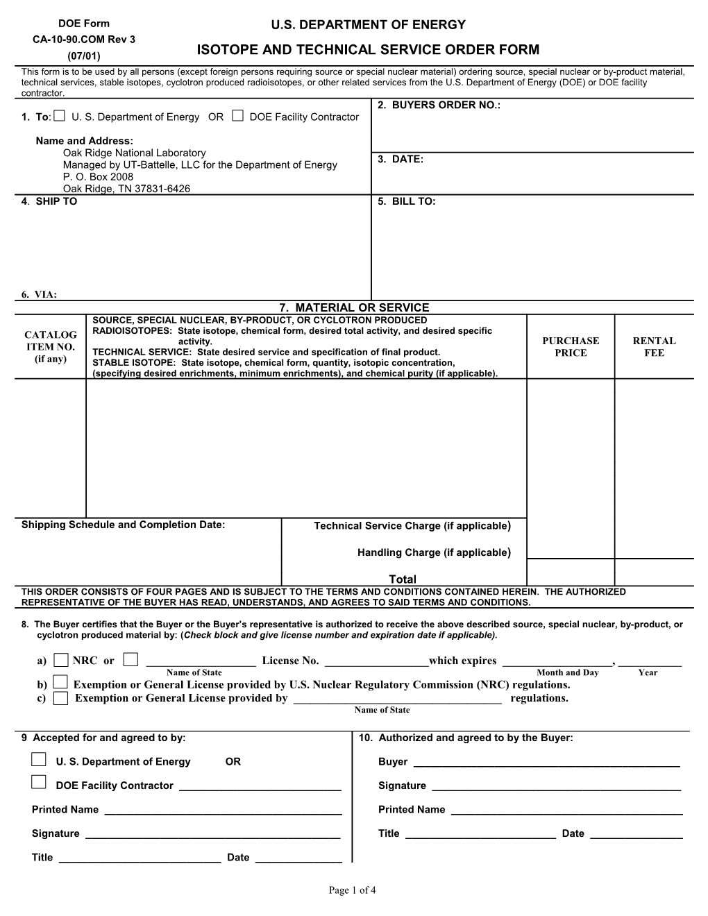 Isotope and Technical Services Order Form