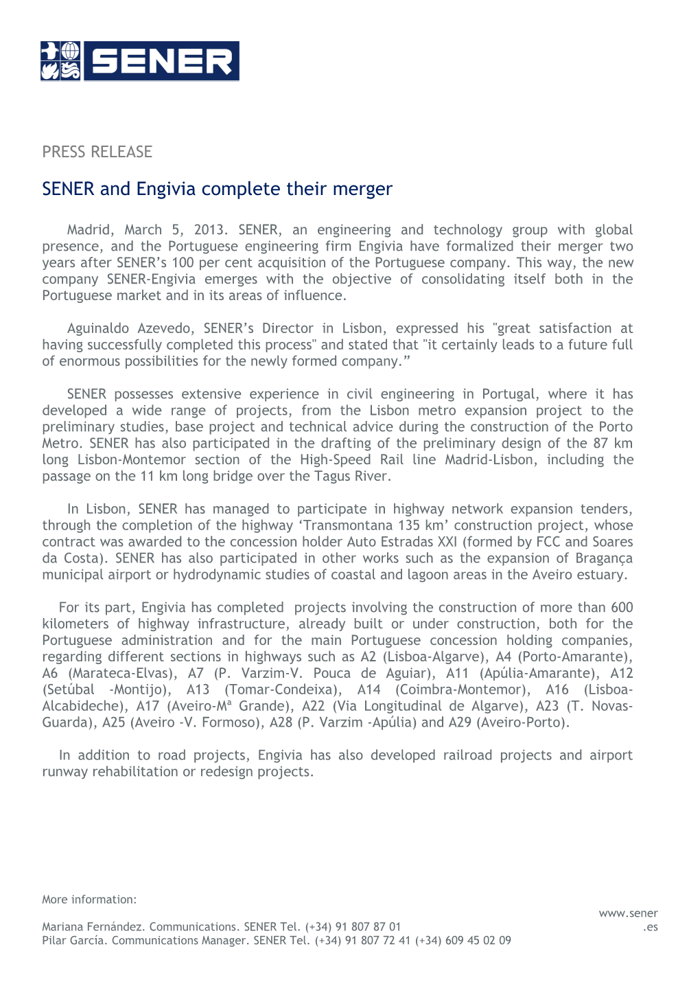 SENER and Engivia Complete Their Merger
