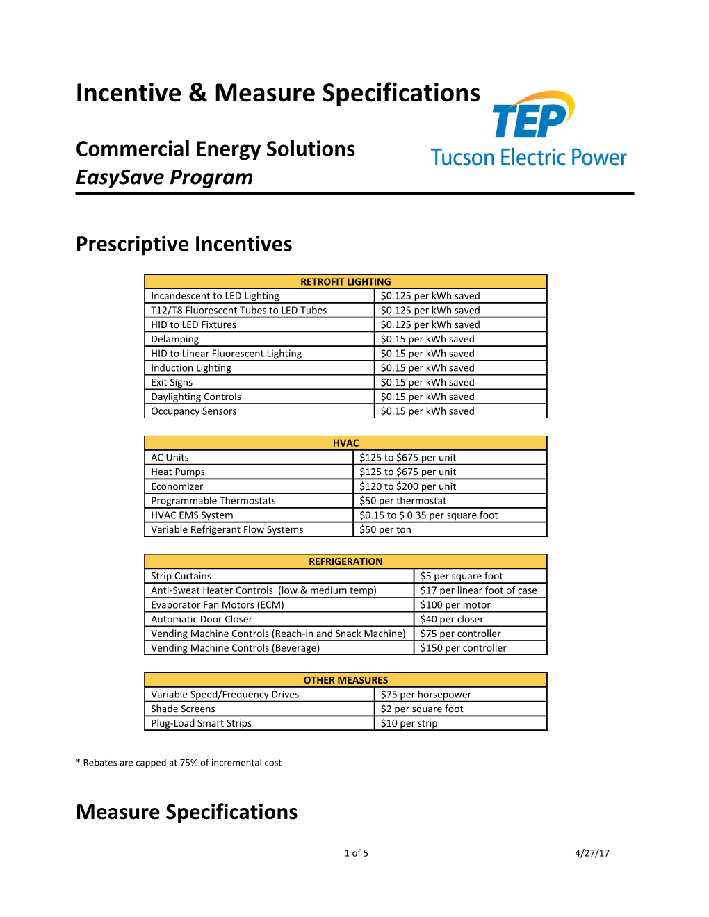 Specifications for Refrigeration Measures