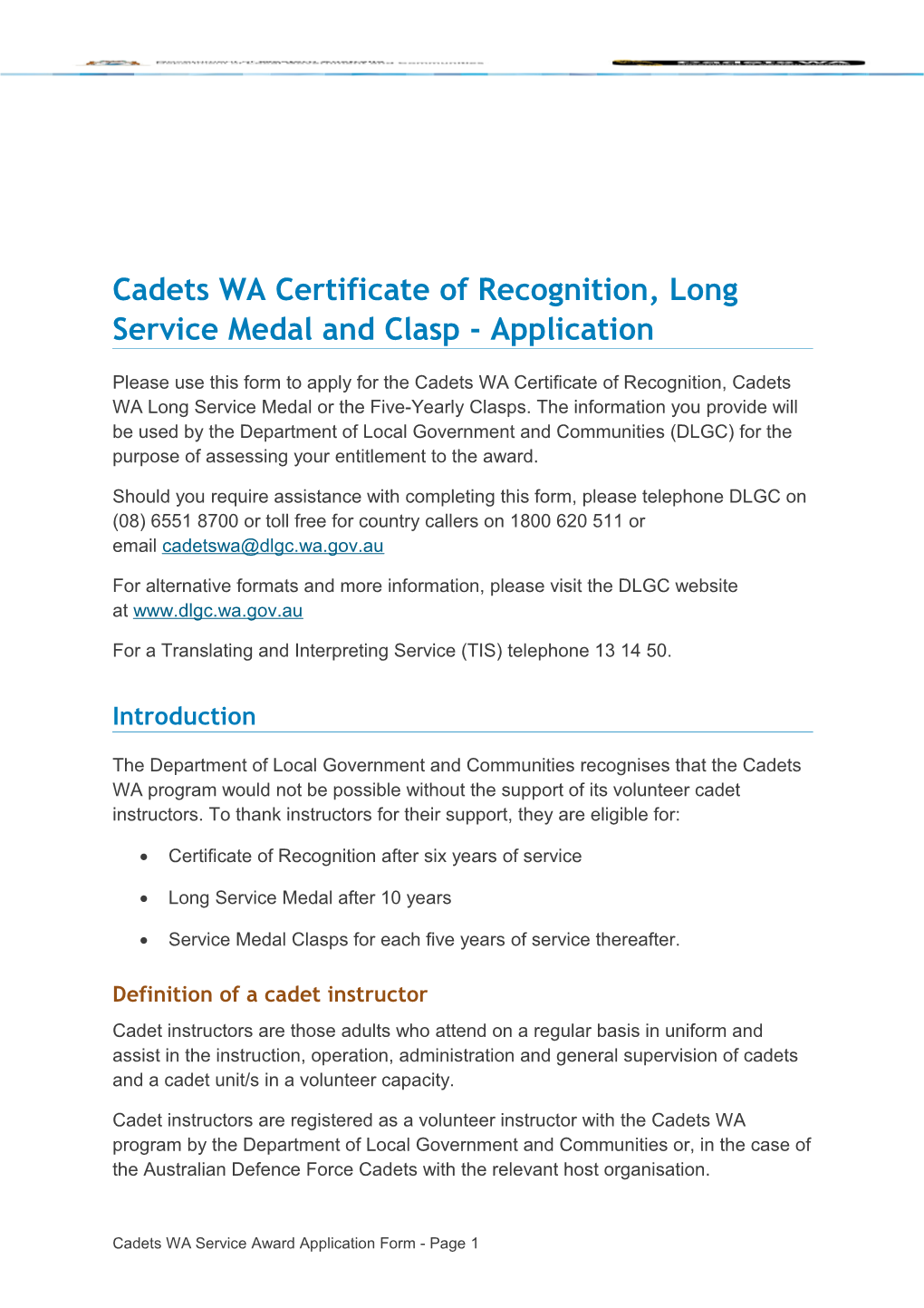 Cadets WA Service Award - Application Form