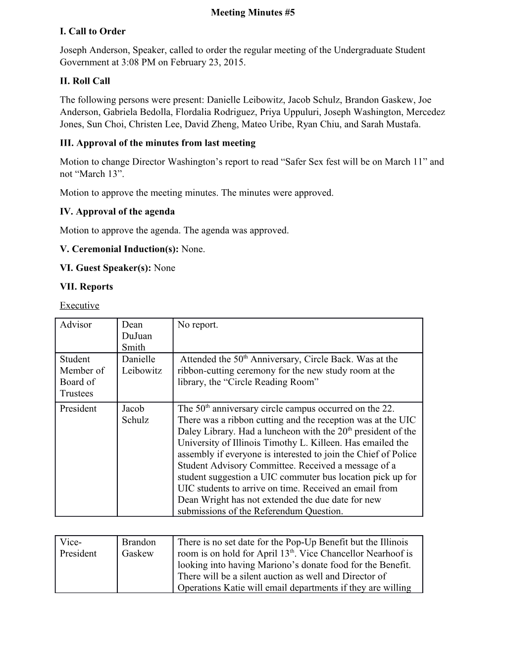 III. Approval of the Minutes from Last Meeting