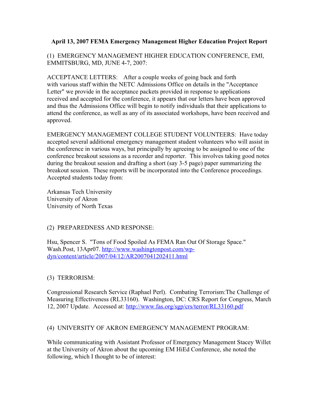 April 13, 2007 FEMA Emergency Management Higher Education Project Report