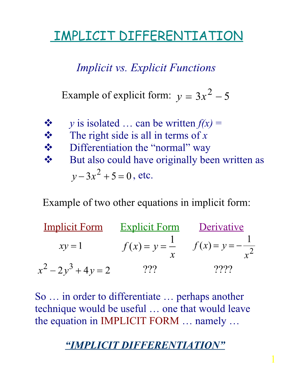 Implicit Vs. Explicit Functions